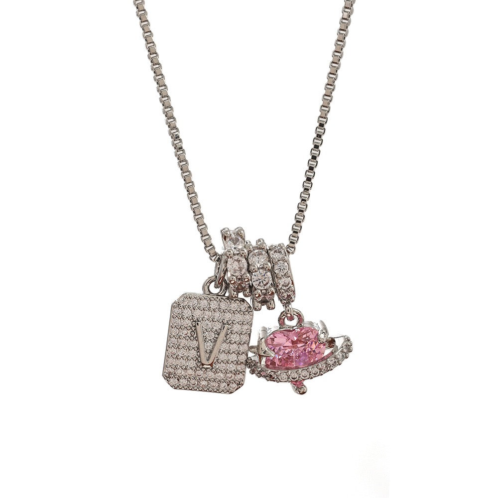 A Personalized Pink Heart Necklace - Custom Initial with CZ Stones | Dainty 40cm Chain