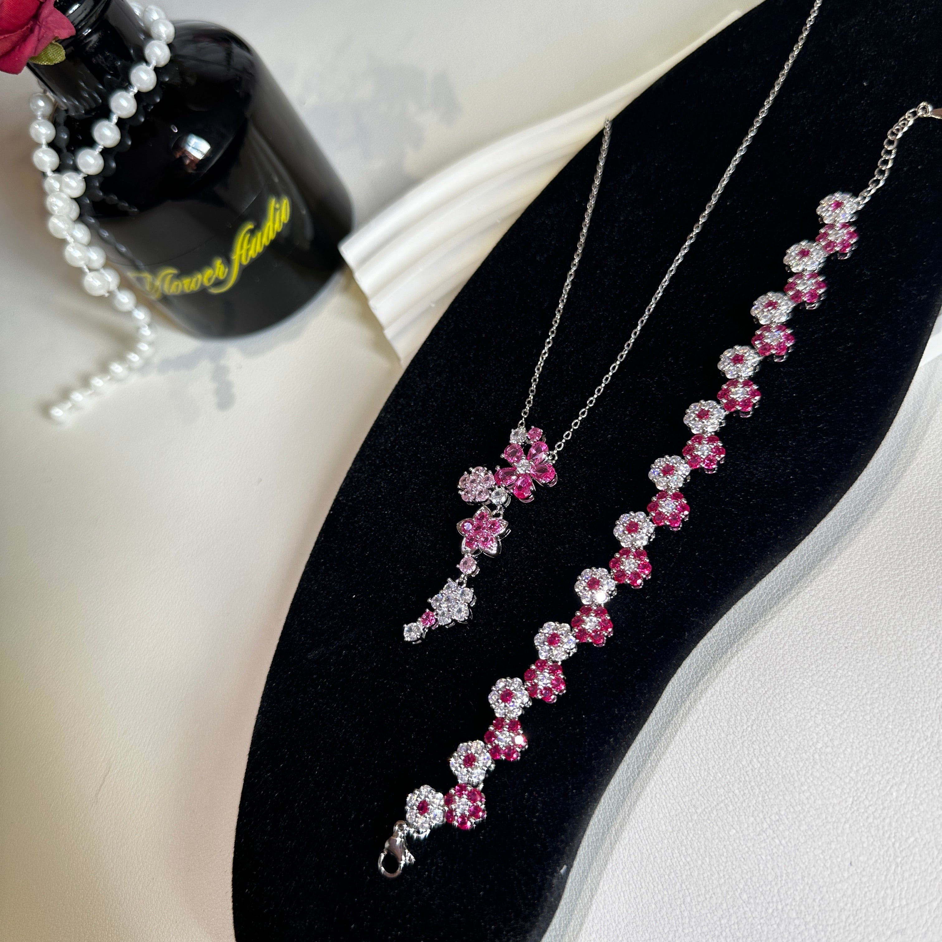 Ruby Red Corundum Jewelry Set - Earrings, Bracelet & Necklace Suite | Floral Design Luxury Women's Jewelry - Pale Luna Jewelry