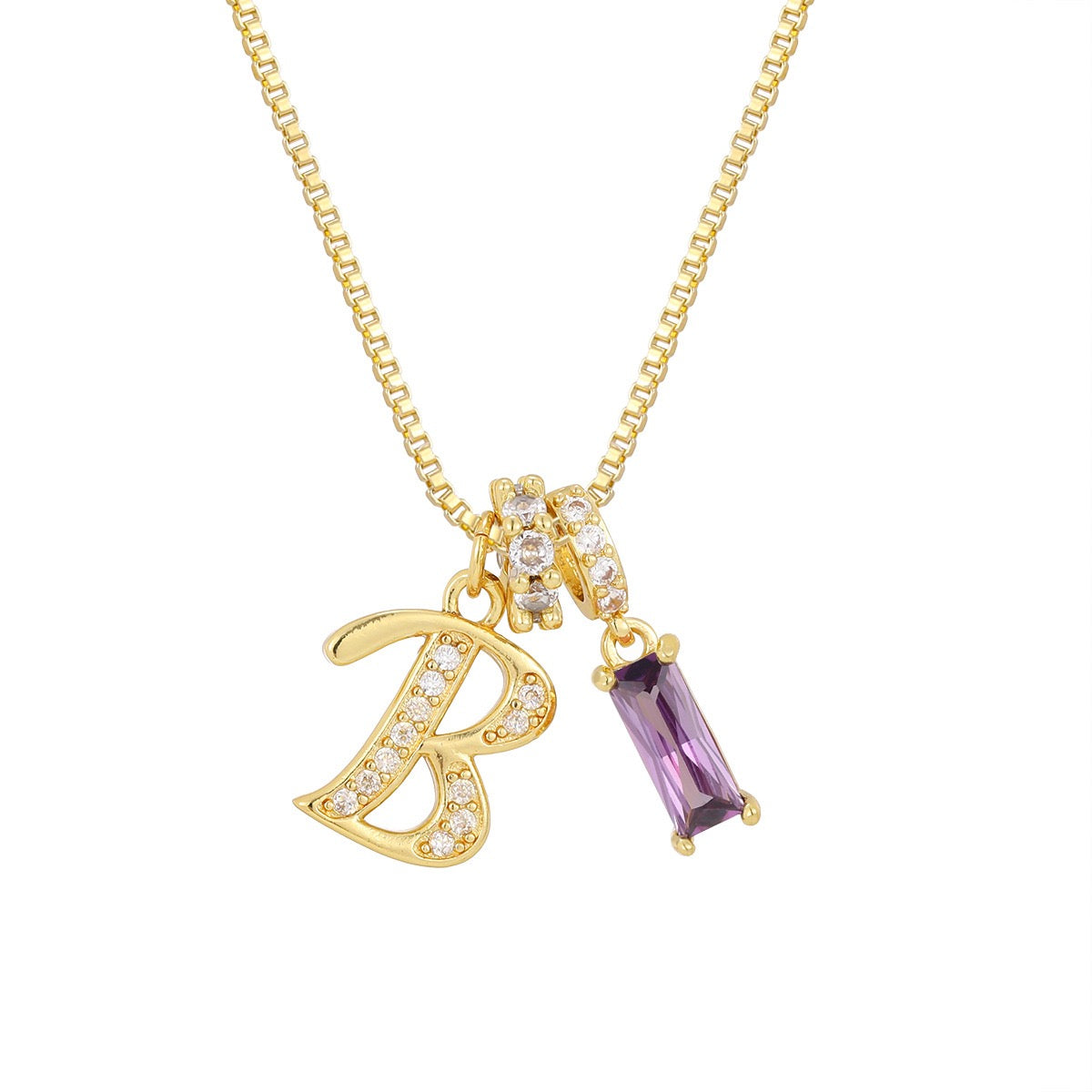 Gold Letter Necklace with Purple CZ - Rectangular Bar Pendant with Custom Initial | Personalized Jewelry