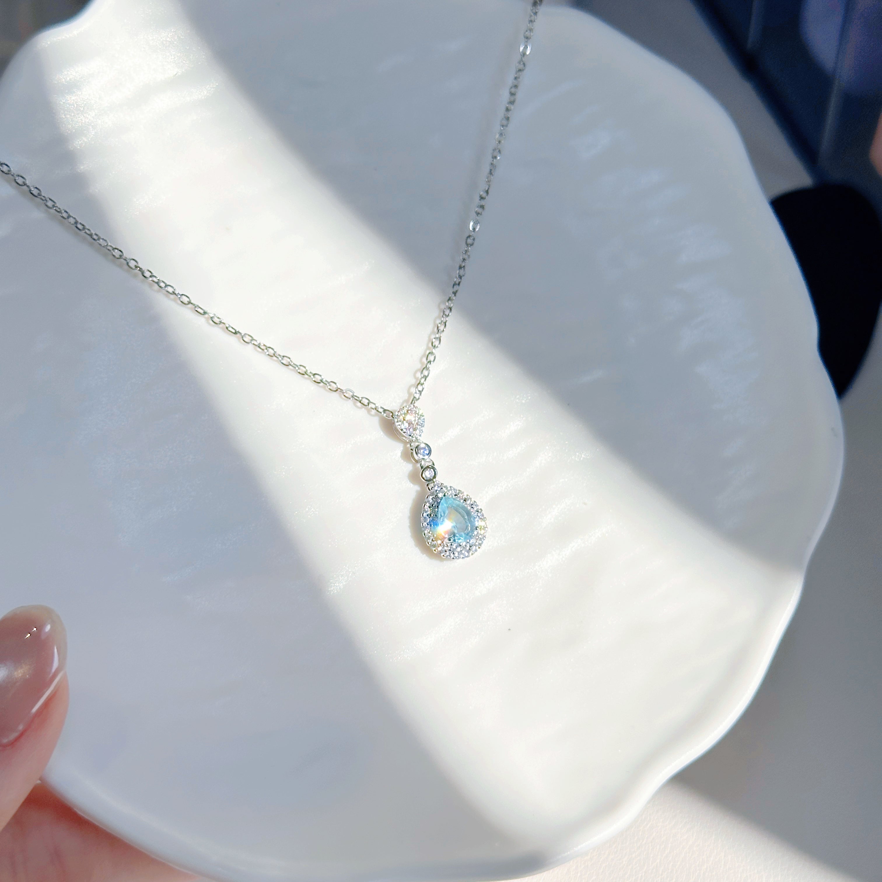 Aqua Serenity Set – s925 Sterling Silver Aquamarine Necklace & Ring | Dainty Teardrop Pendant & Square Band Ring