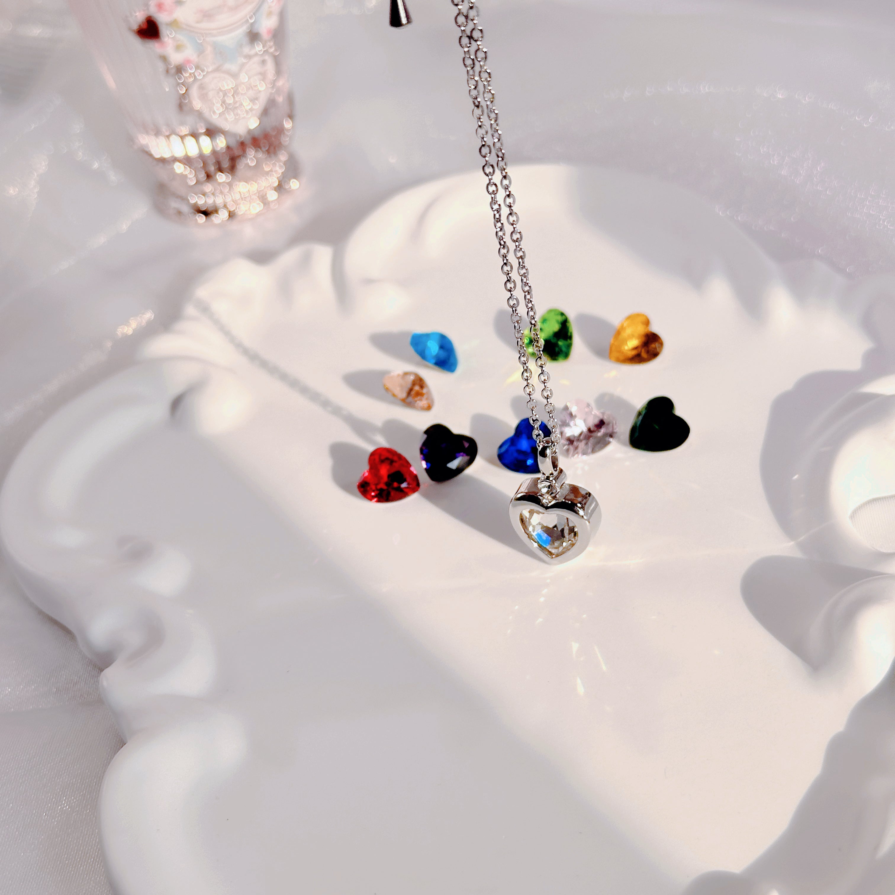 The Modular Muse Necklace – Customizable Jewelry with 10 Interchangeable Zirconia Stones in Square & Heart Shapes | Gold or White Gold Chain