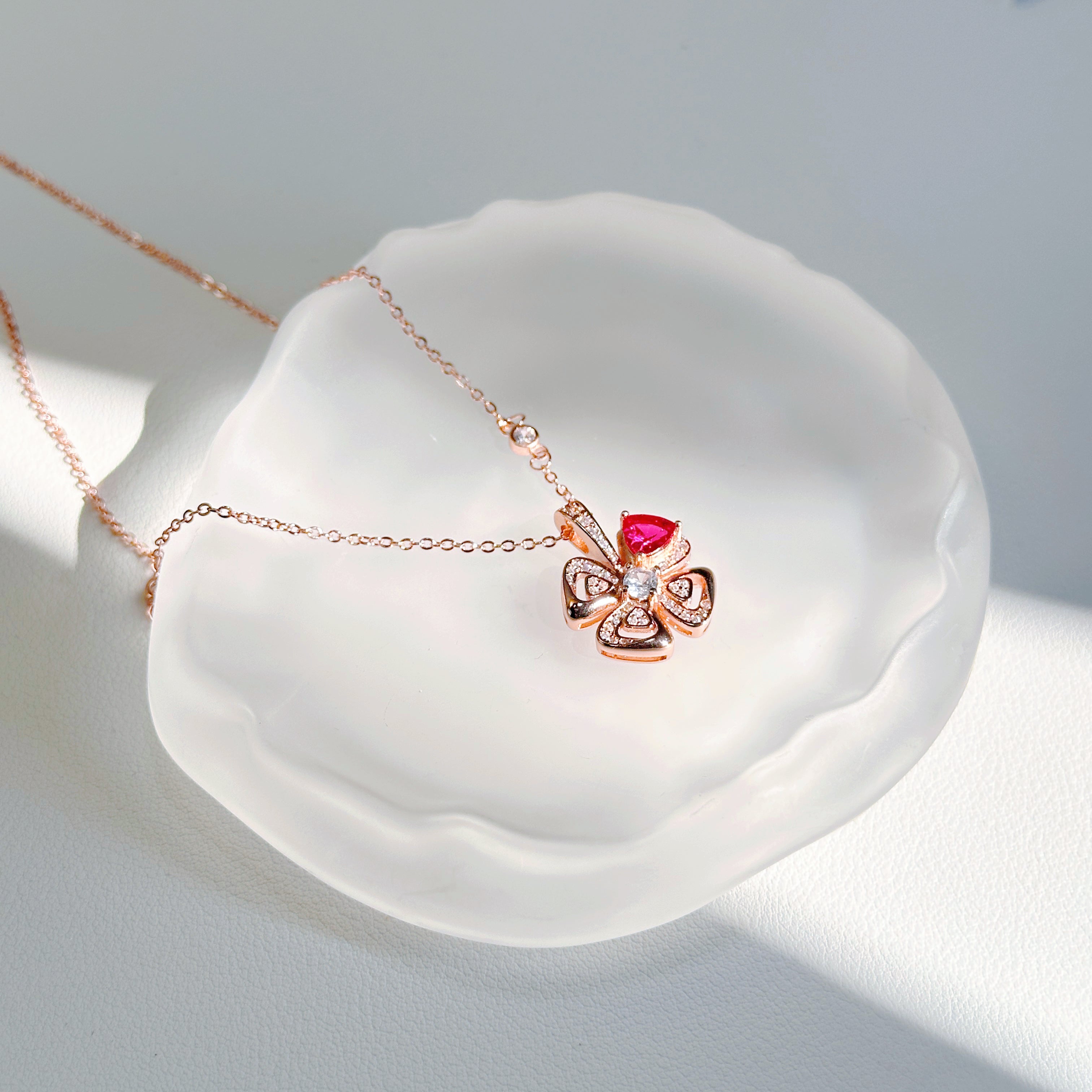 Eternal Bloom Ruby Red Jewelry Set – Necklace, Ring & Bracelet | 4-Leaf Flower Collection for Women
