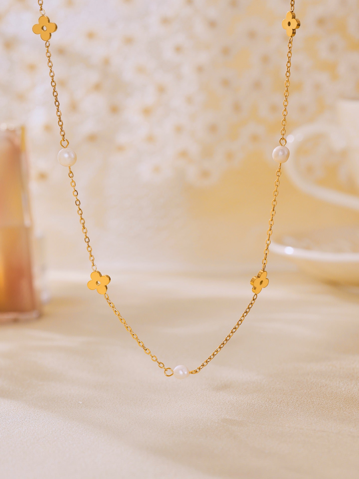 The Pearl Chain Blossom Set - Freshwater Pearl & Floral Link Necklace & Bracelet