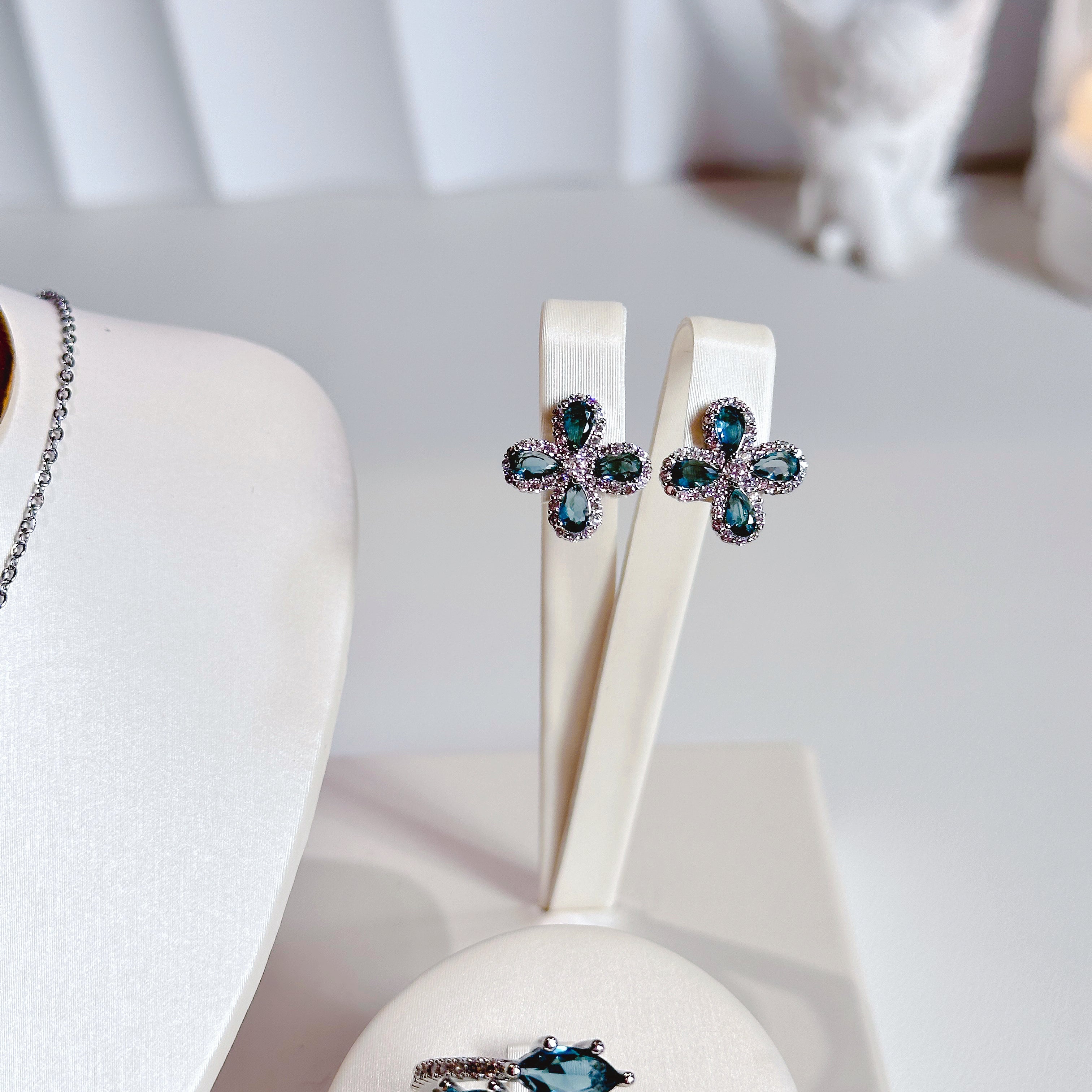 The Azure Floral Trio | Sapphire Zirconia Flower Necklace, Earrings & Ring Set