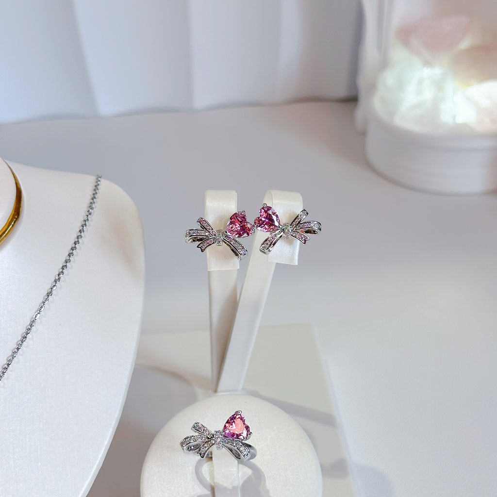 Bow Knot Jewelry Set - Necklace, Earrings & Ring with Pink Zircon | Delicate & Feminine Trio - Pale Luna Jewelry