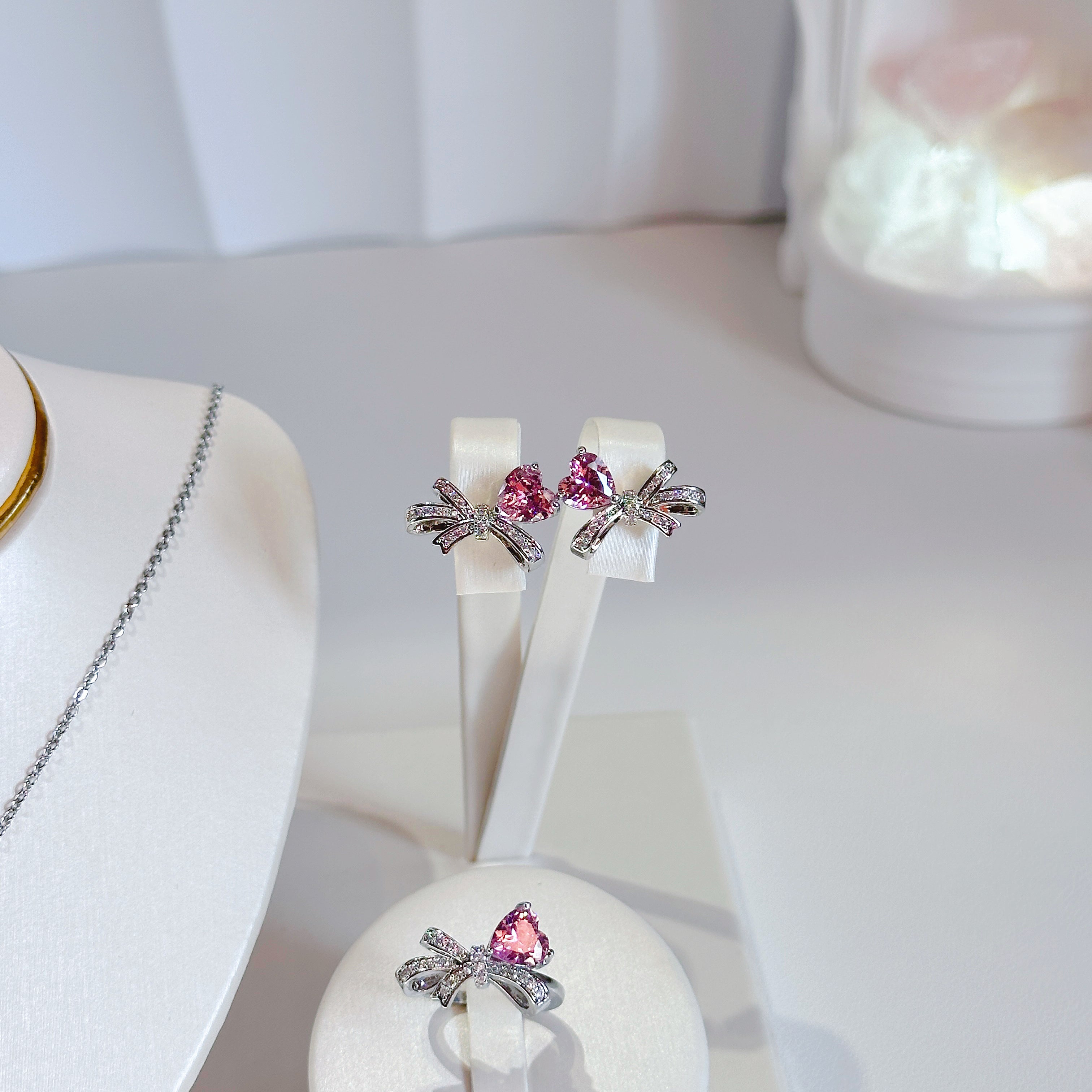 Bow Knot Jewelry Set - Necklace, Earrings & Ring with Pink Zircon | Delicate & Feminine Trio - Pale Luna Jewelry