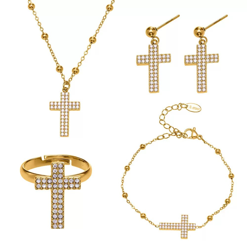 The Gilded Cross Suite - 4-Piece Vintage Necklace, Bracelet, Earrings & Ring Set