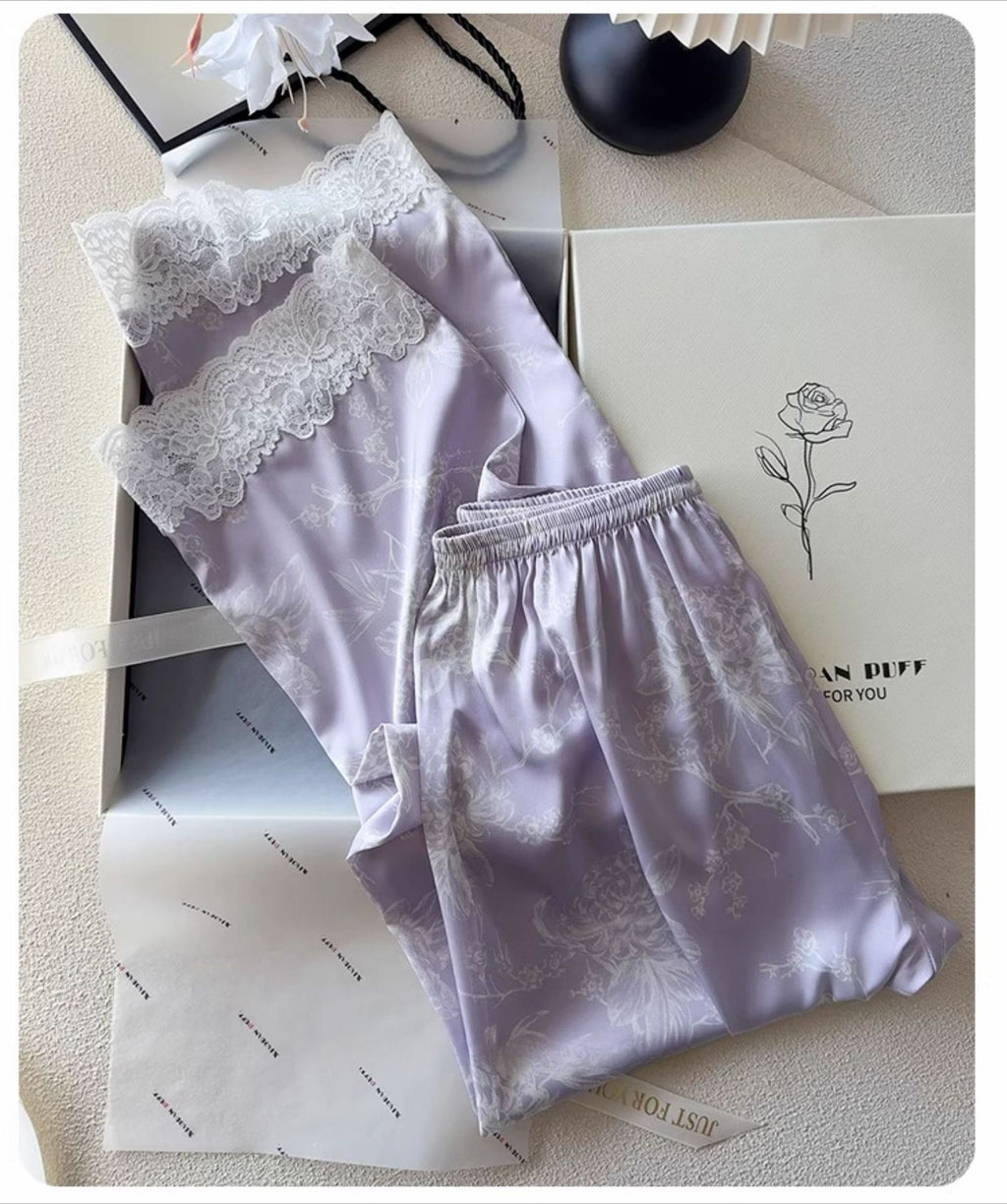 Lace Trim Ice-Silk Pajama Set – Long Sleeve Long Pants, Light Luxury Style