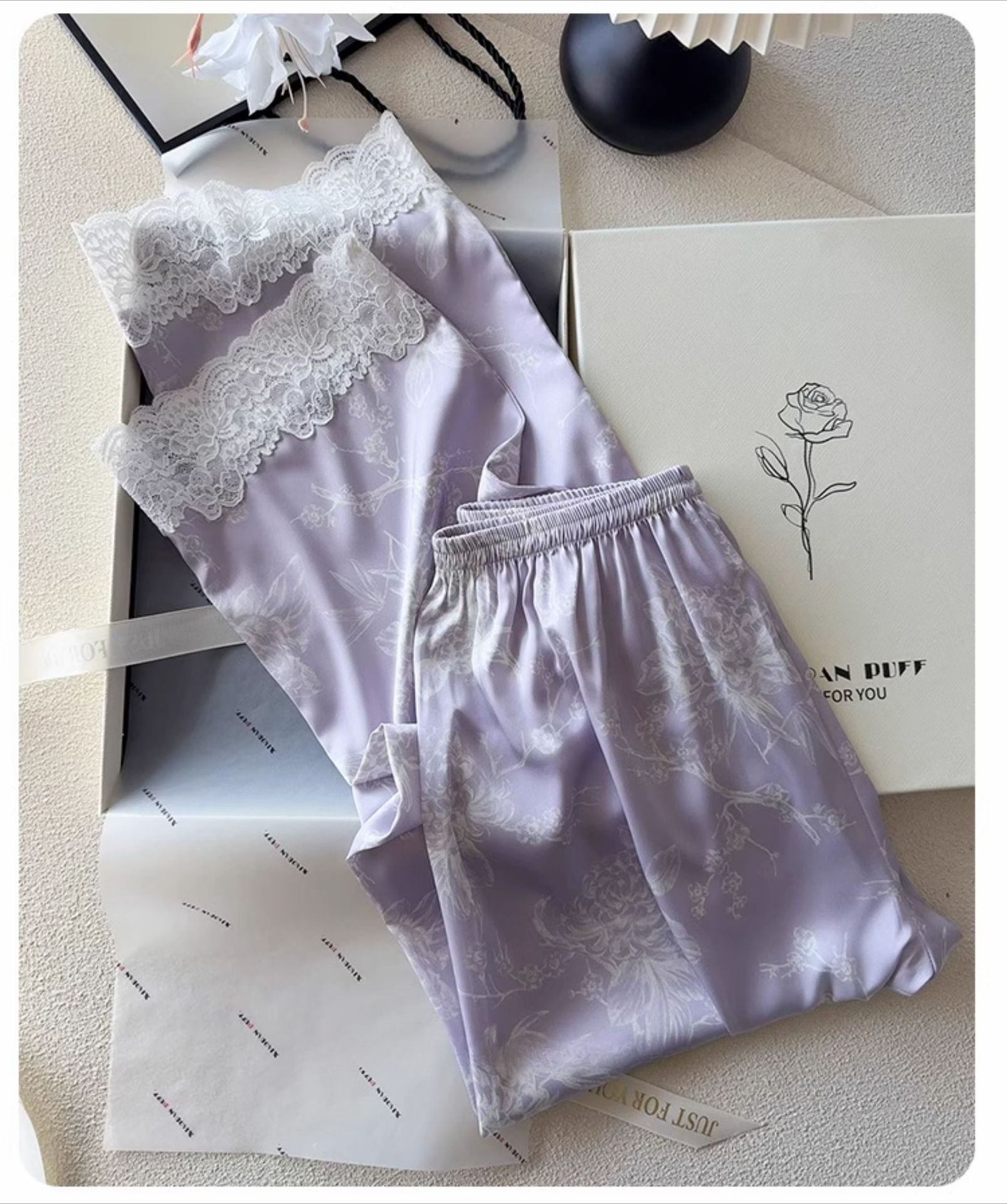 Lace Trim Ice-Silk Pajama Set – Long Sleeve Long Pants, Light Luxury Style