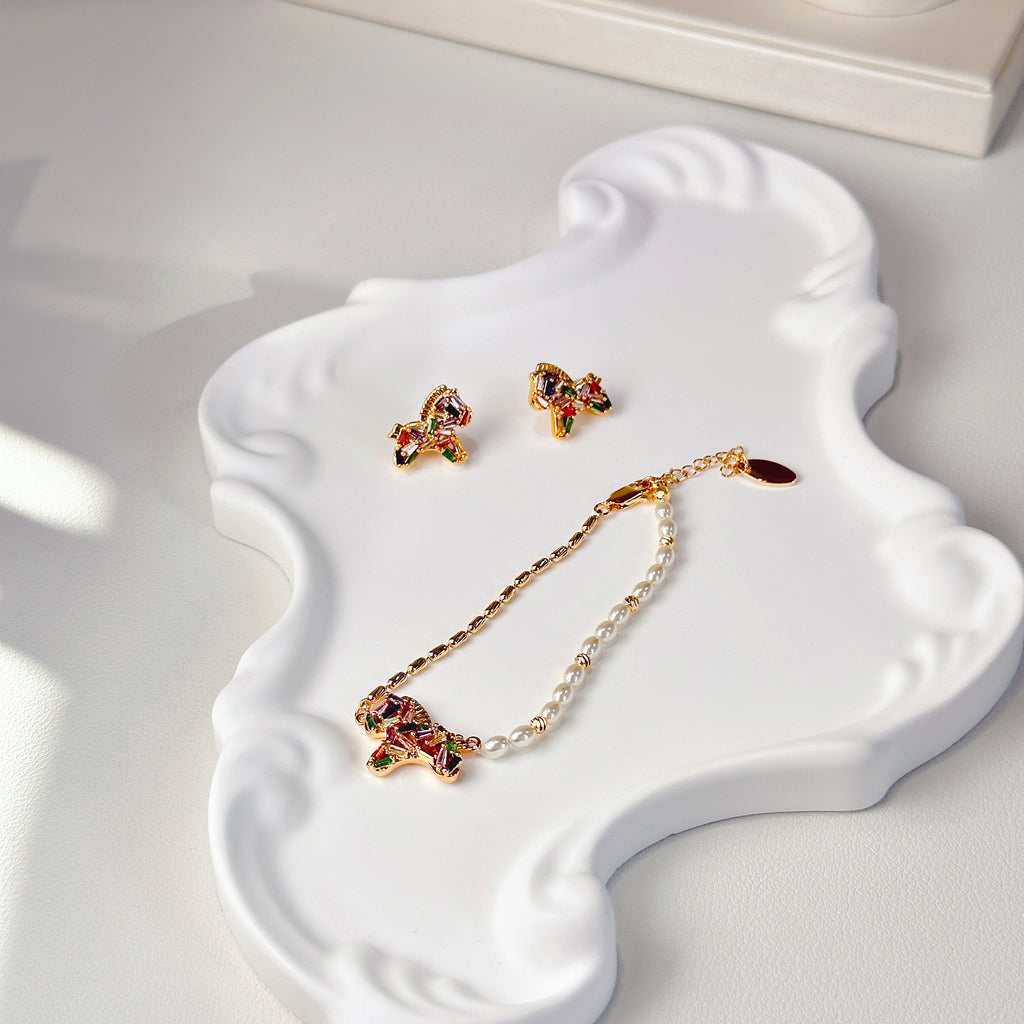 The Rainbow Pony Duo | Matching Charm Bracelet & Stud Earrings Set