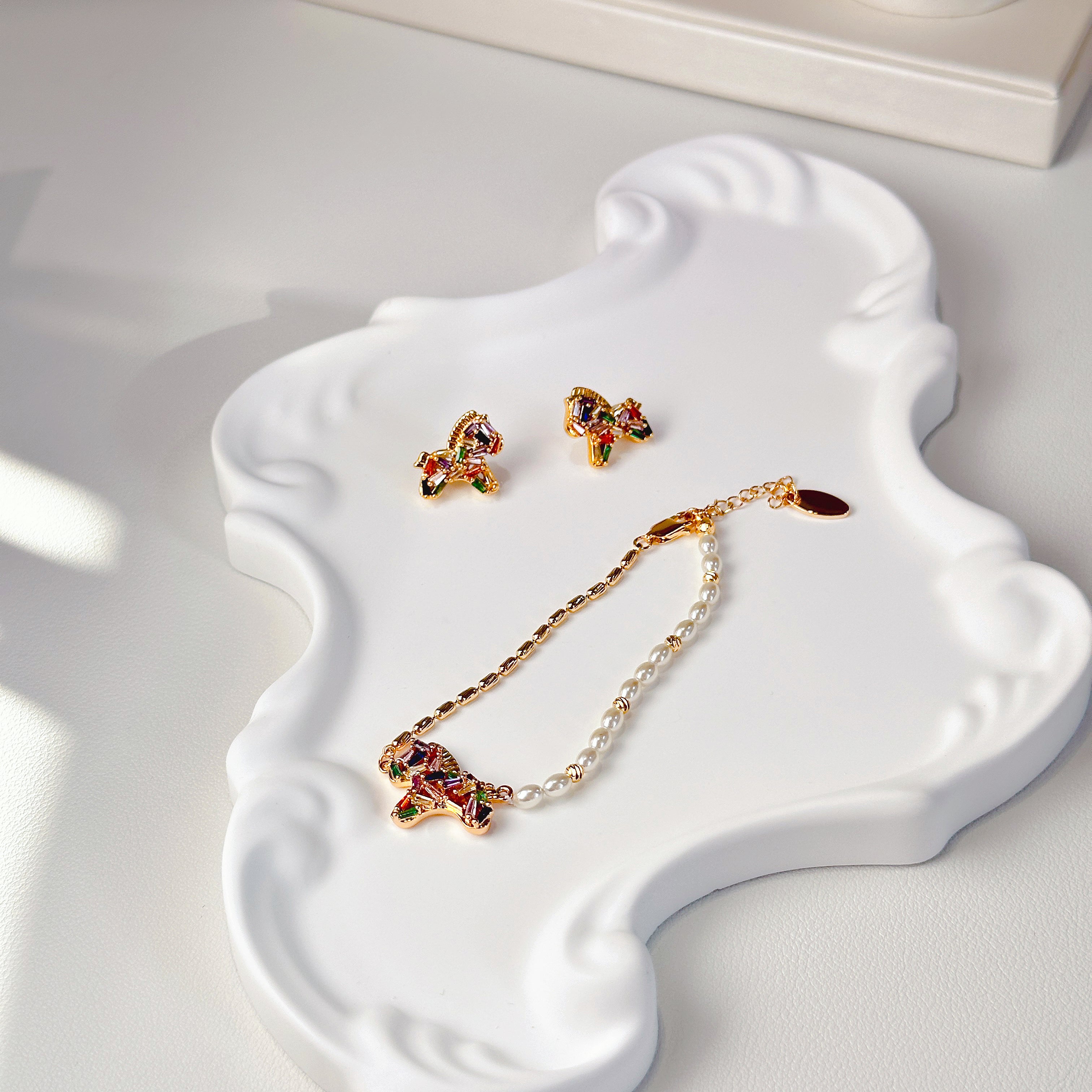 The Rainbow Pony Duo | Matching Charm Bracelet & Stud Earrings Set