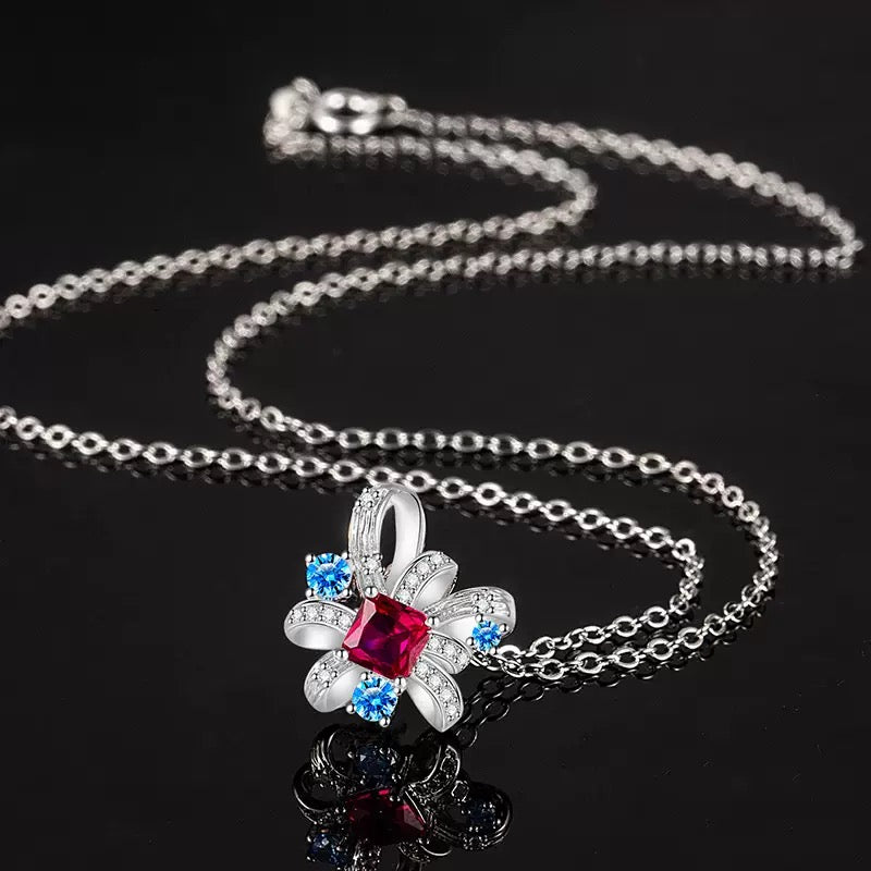 Fashion Luxury Pigeon Blood Red Corundum Flower Jewelry Set | Necklace & Earrings