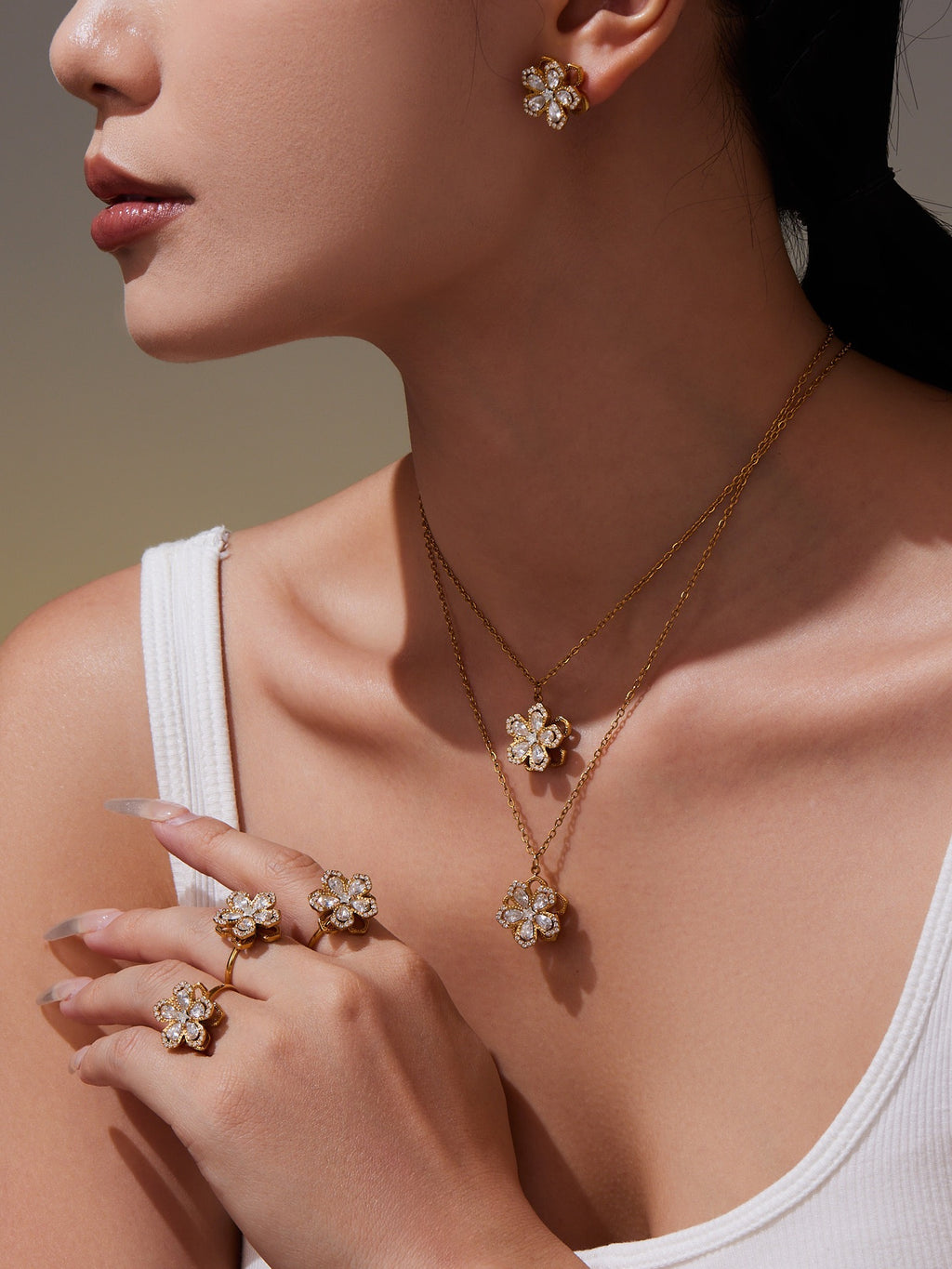 The Rotating Bloom Trio - Kinetic Five-Petal Flower Set in Stainless Steel & Zircon