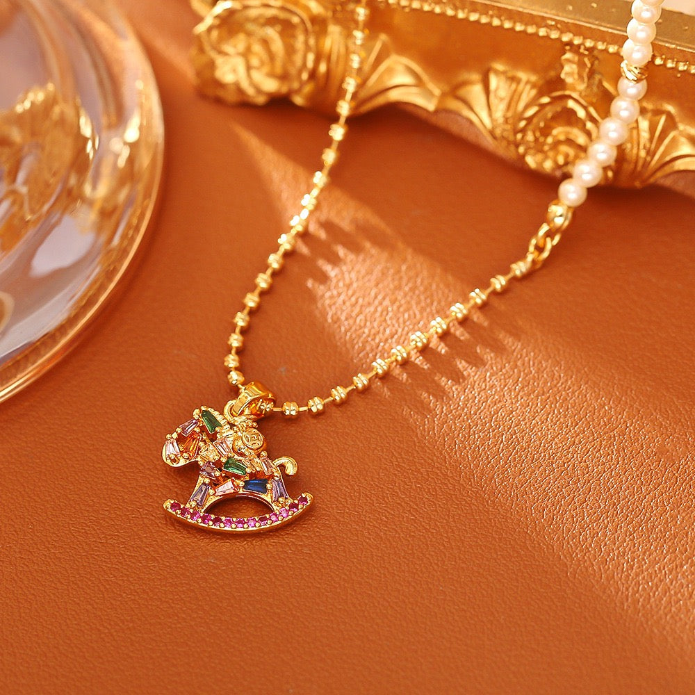 Colorful Zircon Pony Jewelry Set | New Chinese Style Zodiac Horse Necklace Bracelet Earrings | Festive Gift