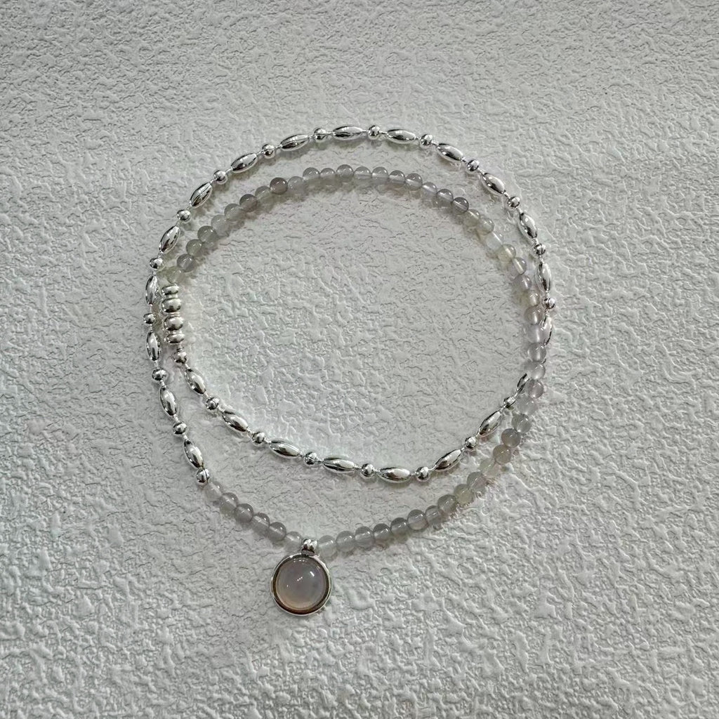Layered Gray Agate Bead Necklace - 44cm S925 Sterling Silver Chain with Rotating Closure | Minimalist Stacking Jewelry - Pale Luna Jewelry