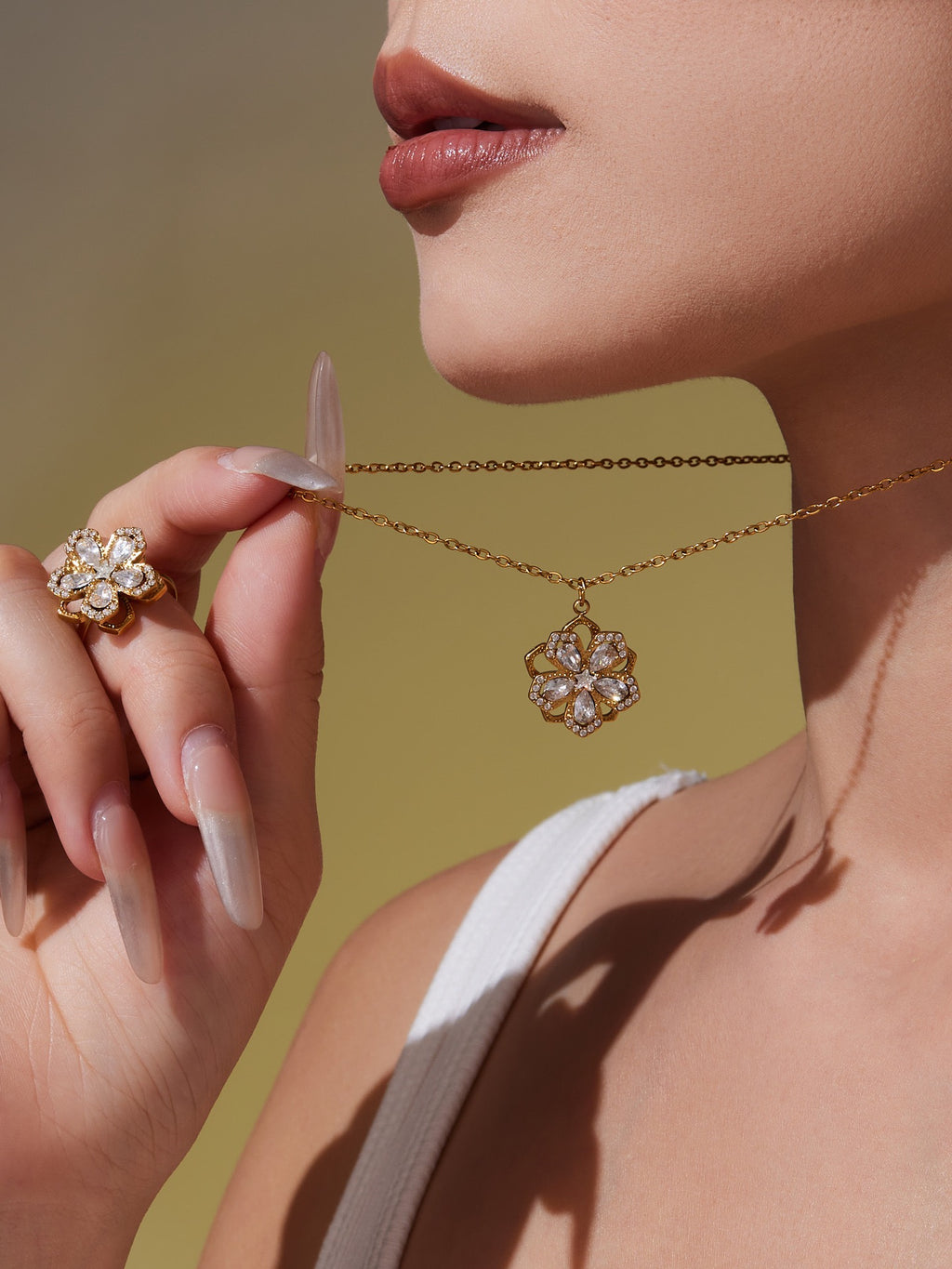 The Rotating Bloom Trio - Kinetic Five-Petal Flower Set in Stainless Steel & Zircon