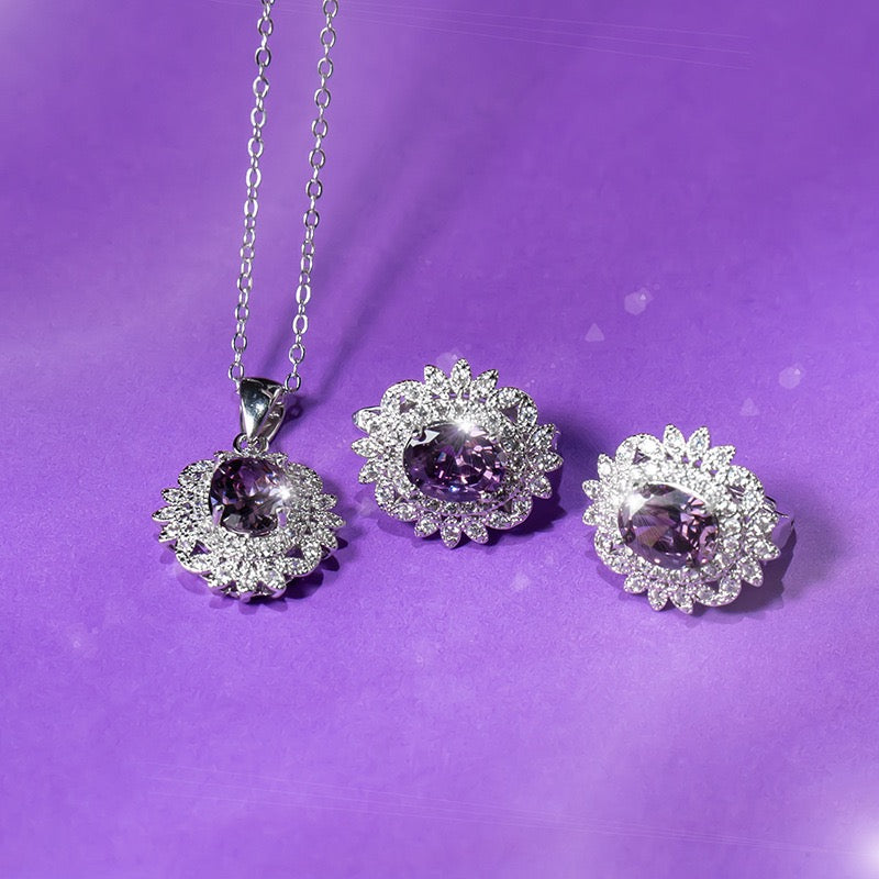 The Eternal Sunflower Duo Set – Necklace & Earrings for Bride & Bridesmaids | Silver/Gold with White/Purple Zirconia