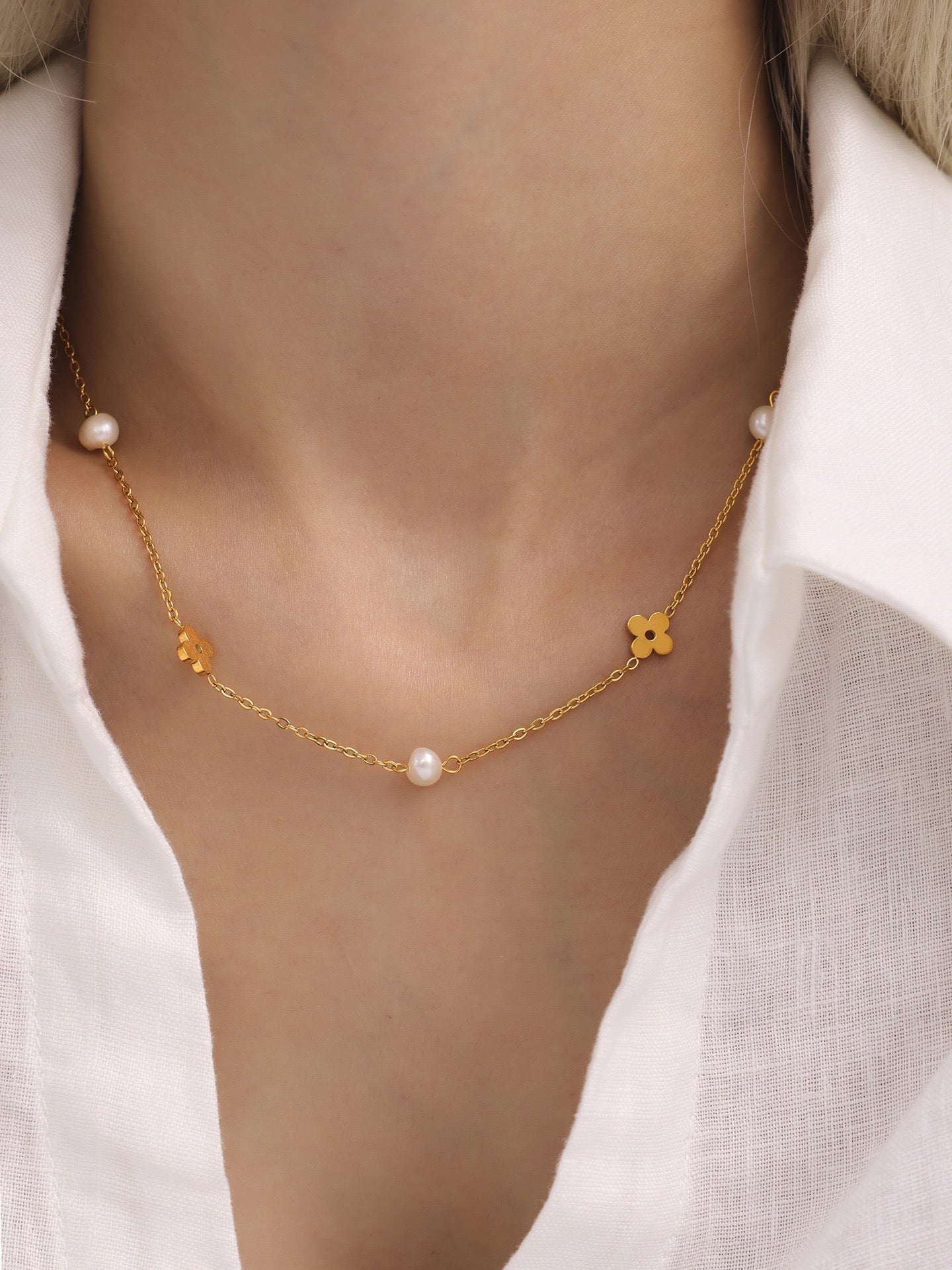 The Pearl Chain Blossom Set - Freshwater Pearl & Floral Link Necklace & Bracelet