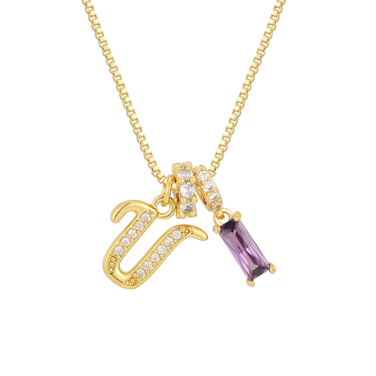 Gold Letter Necklace with Purple CZ - Rectangular Bar Pendant with Custom Initial | Personalized Jewelry
