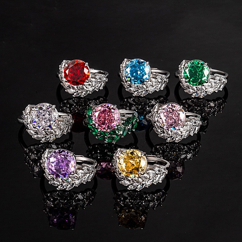 Ice Bloom Ring – Ice-Cut High Carbon Diamond Round Ring | 7 Colors Adjustable
