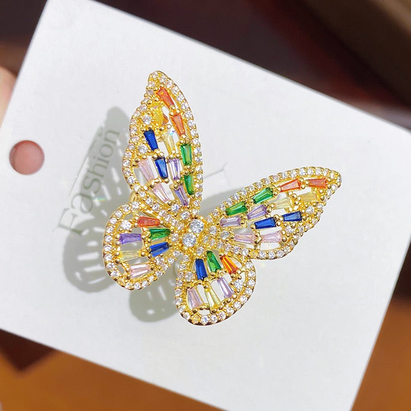 Multi-Color Butterfly Ring - 12 CZ Stone Color Options, Open Band Design