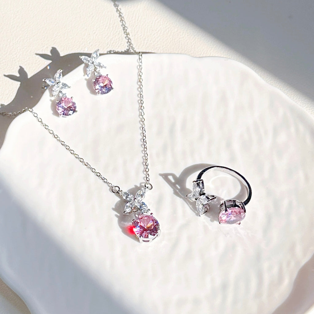 Delicate Pink Zircon Jewelry Set | Necklace, Earrings & Ring Trio
