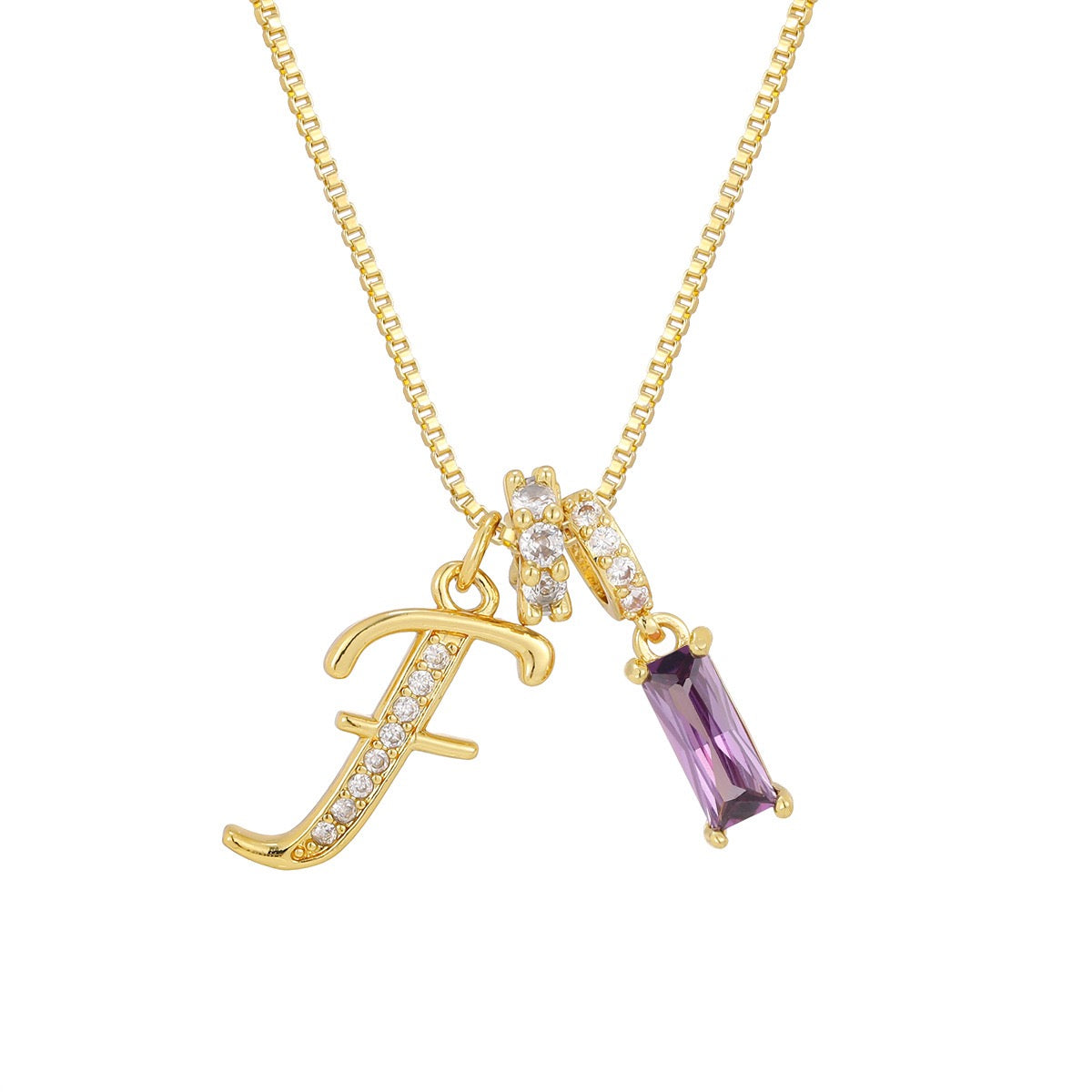Gold Letter Necklace with Purple CZ - Rectangular Bar Pendant with Custom Initial | Personalized Jewelry