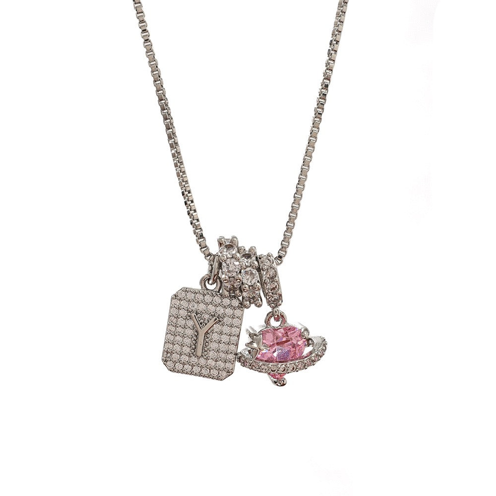 A Personalized Pink Heart Necklace - Custom Initial with CZ Stones | Dainty 40cm Chain