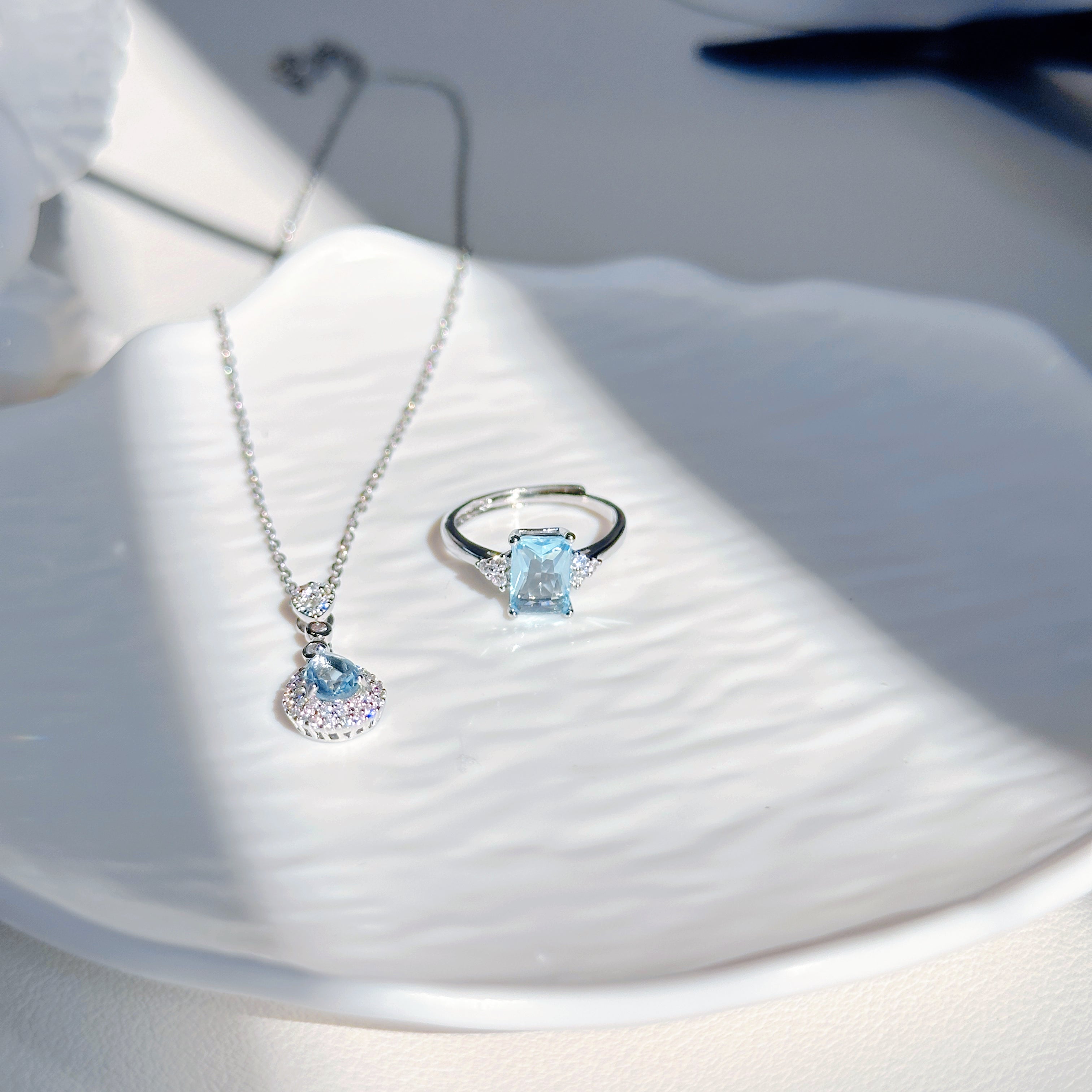 Aqua Serenity Set – s925 Sterling Silver Aquamarine Necklace & Ring | Dainty Teardrop Pendant & Square Band Ring
