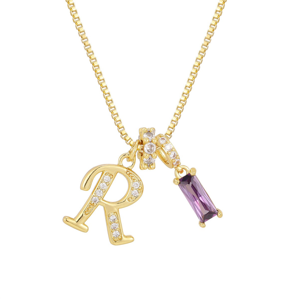 Gold Letter Necklace with Purple CZ - Rectangular Bar Pendant with Custom Initial | Personalized Jewelry