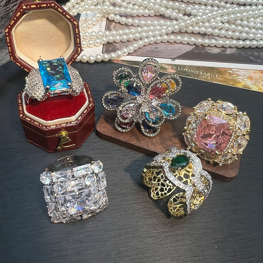 Victorian-Inspired Floral Lace Ring - Adjustable Open Band with CZ & Gem-Cut Detail