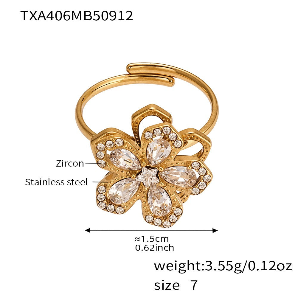 The Rotating Bloom Trio - Kinetic Five-Petal Flower Set in Stainless Steel & Zircon