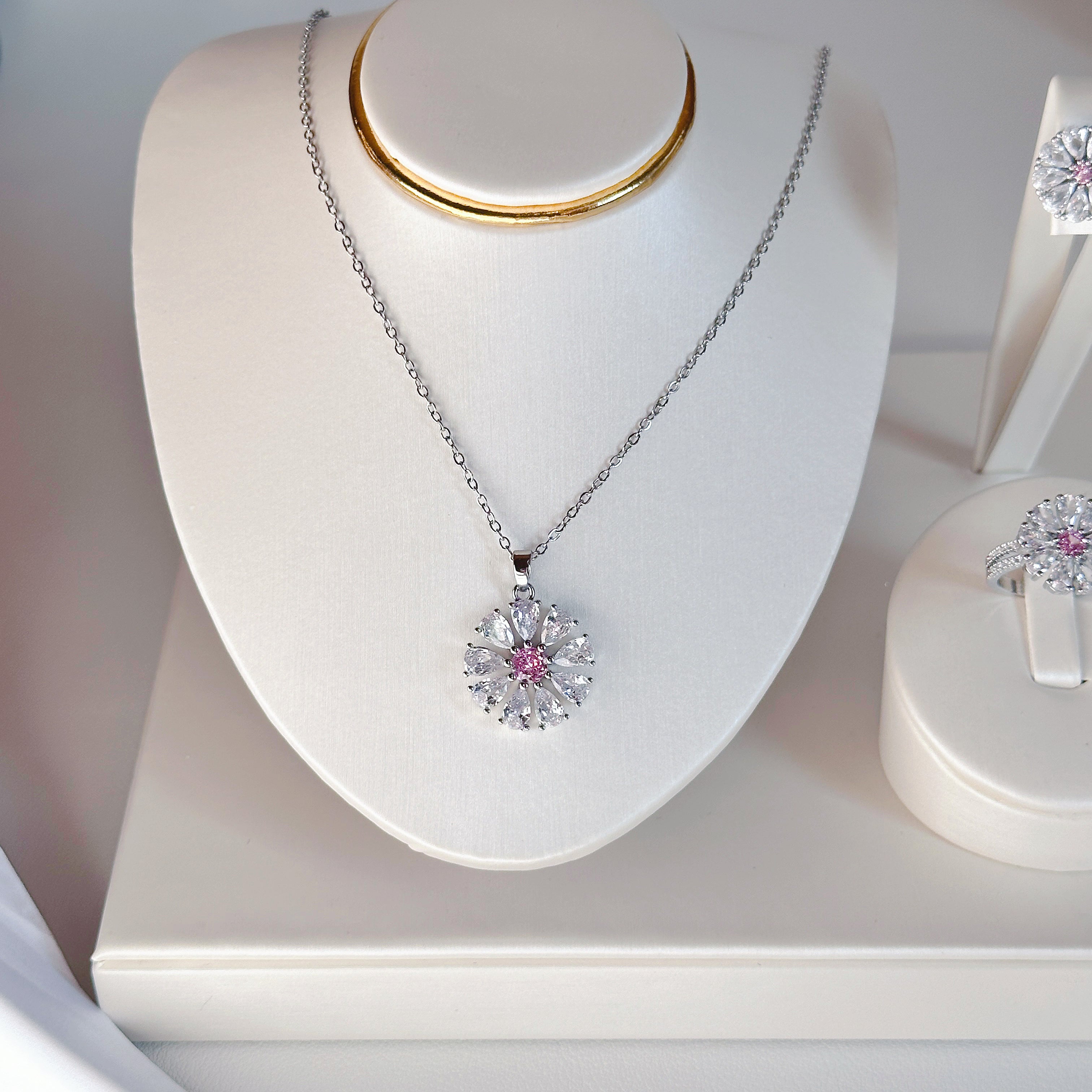 Titanium Steel Sunflower Jewelry Set - Necklace, Stud Earrings & Ring with Zircon | Minimalist Floral Trio - Pale Luna Jewelry