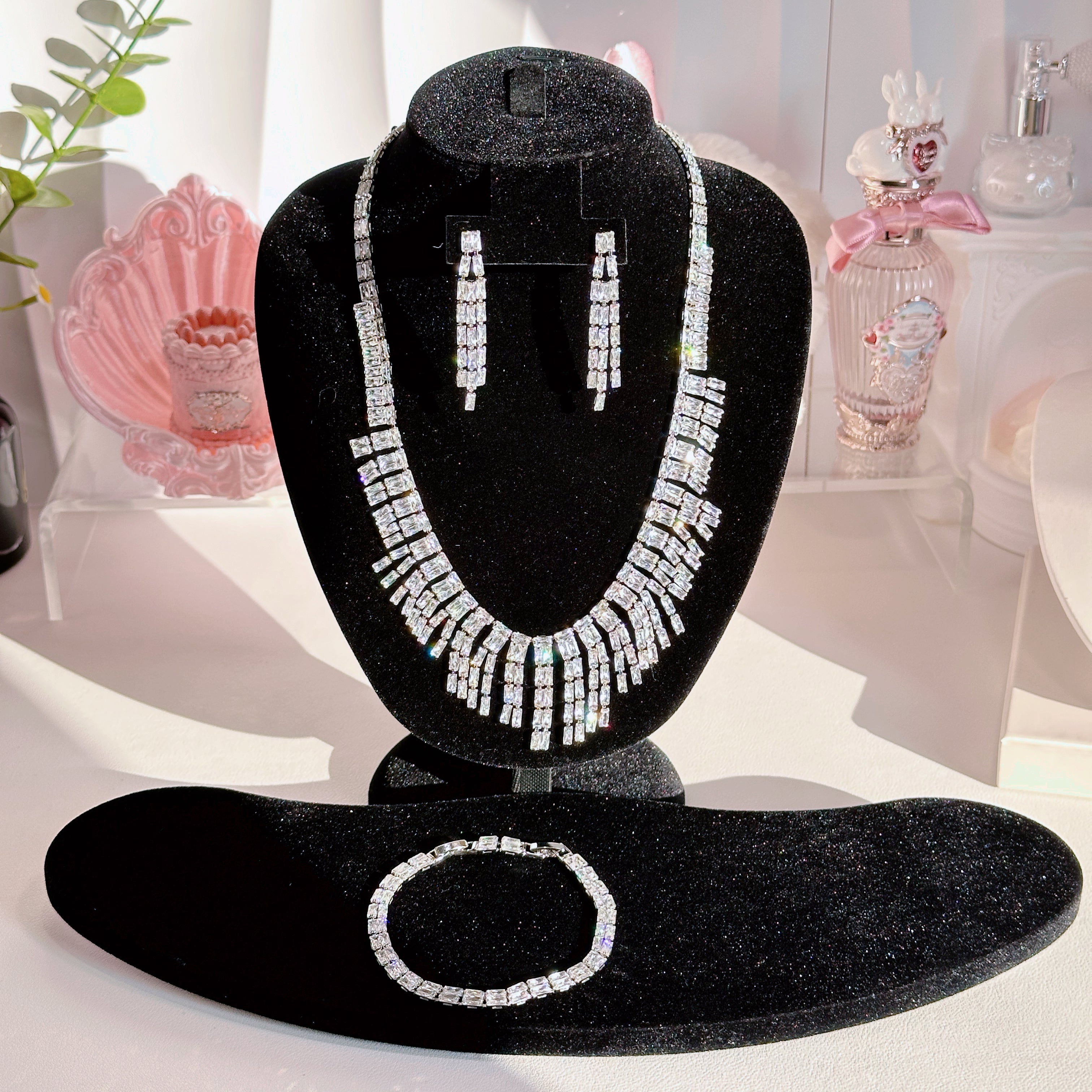 Double Layer Diamond Necklace Bracelet Earrings Set | Sapphire Ruby Emerald White Gemstone Jewelry Trio