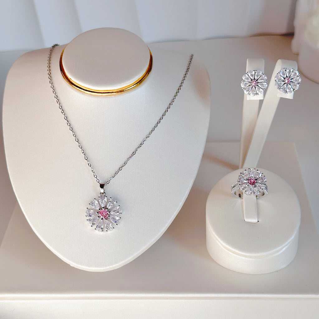 Titanium Steel Sunflower Jewelry Set - Necklace, Stud Earrings & Ring with Zircon | Minimalist Floral Trio - Pale Luna Jewelry