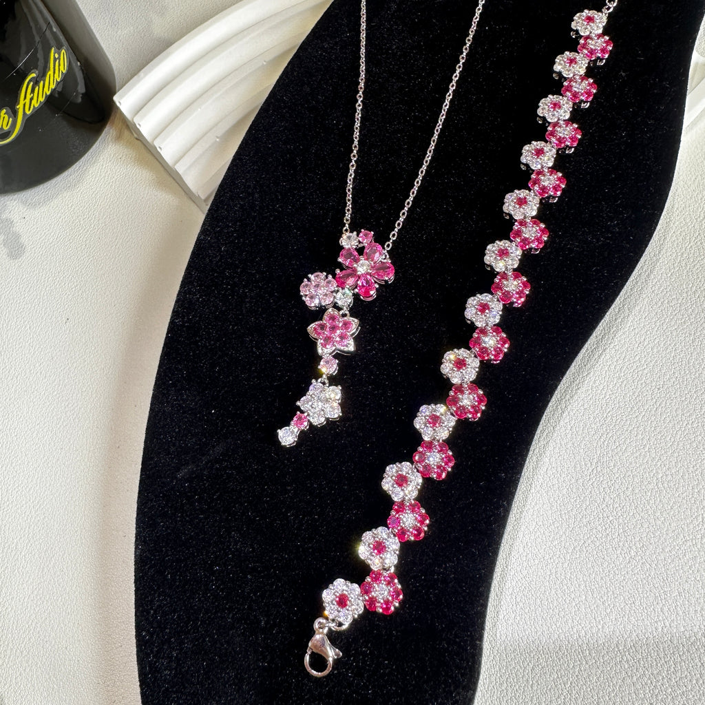 Ruby Red Corundum Jewelry Set - Earrings, Bracelet & Necklace Suite | Floral Design Luxury Women's Jewelry - Pale Luna Jewelry