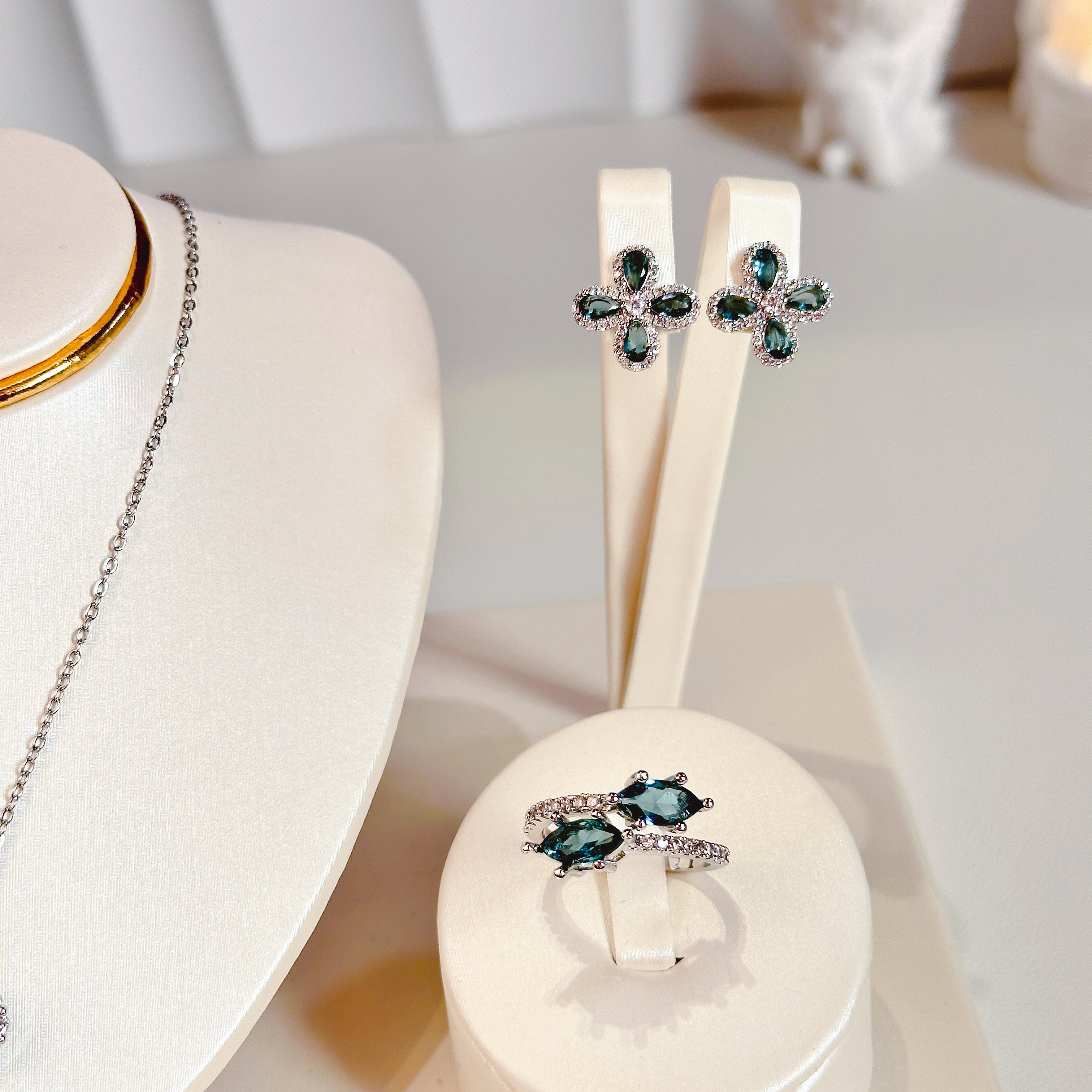 The Azure Floral Trio | Sapphire Zirconia Flower Necklace, Earrings & Ring Set