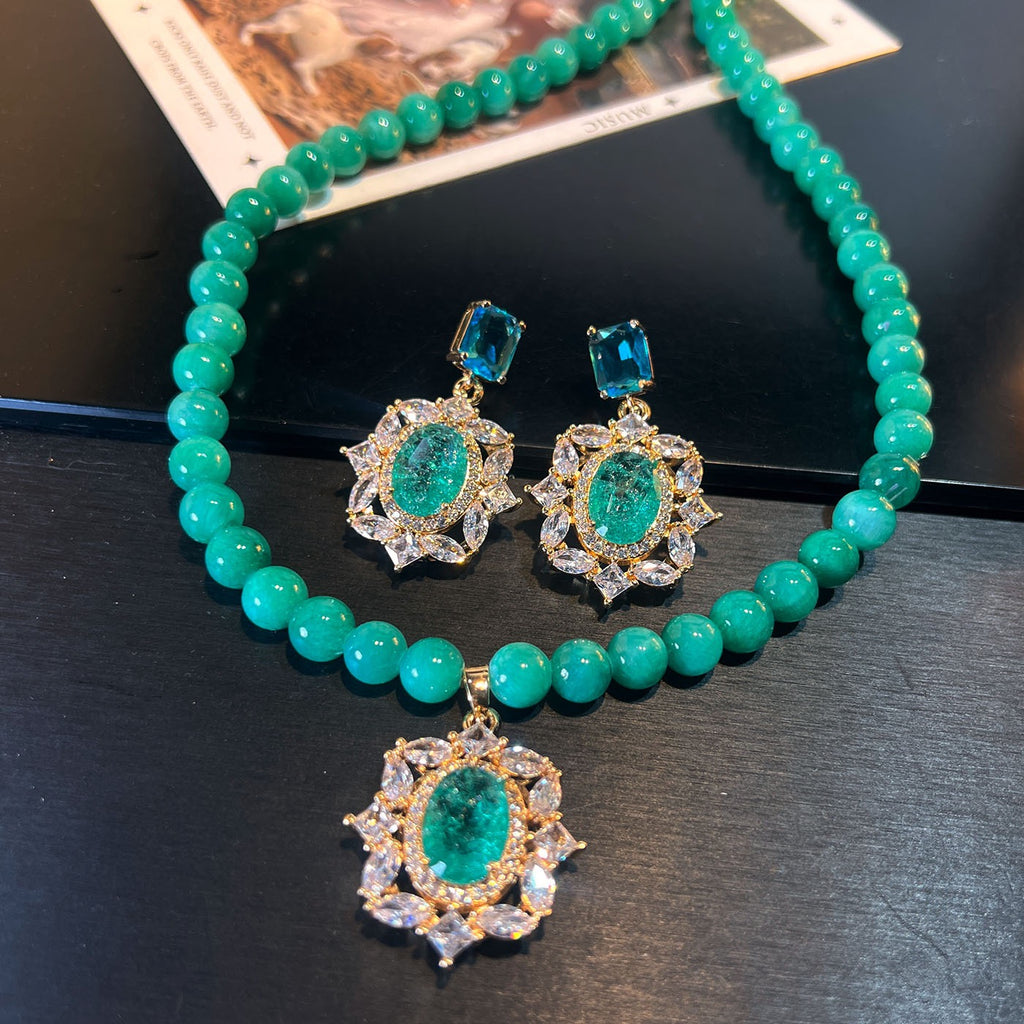 Pale Luna Frosted Lotus: Icy Diamond Necklace & Stud Earring Set