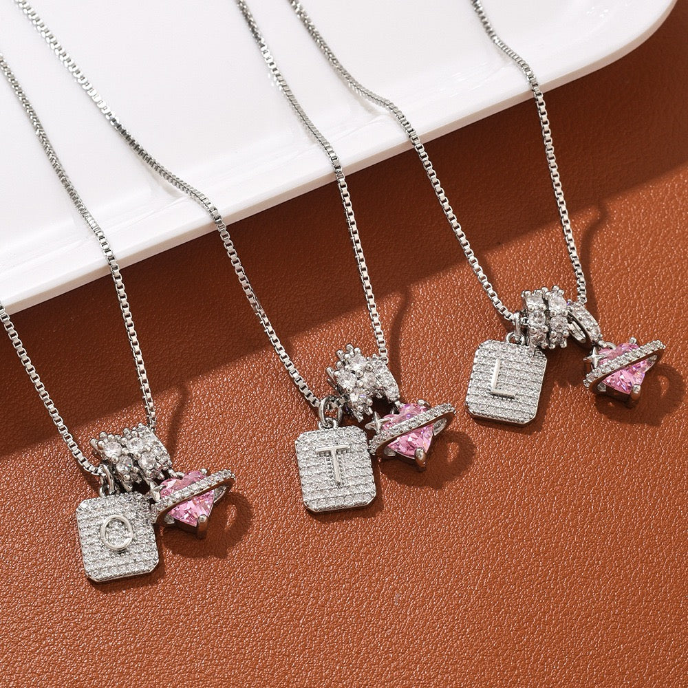 A Personalized Pink Heart Necklace - Custom Initial with CZ Stones | Dainty 40cm Chain