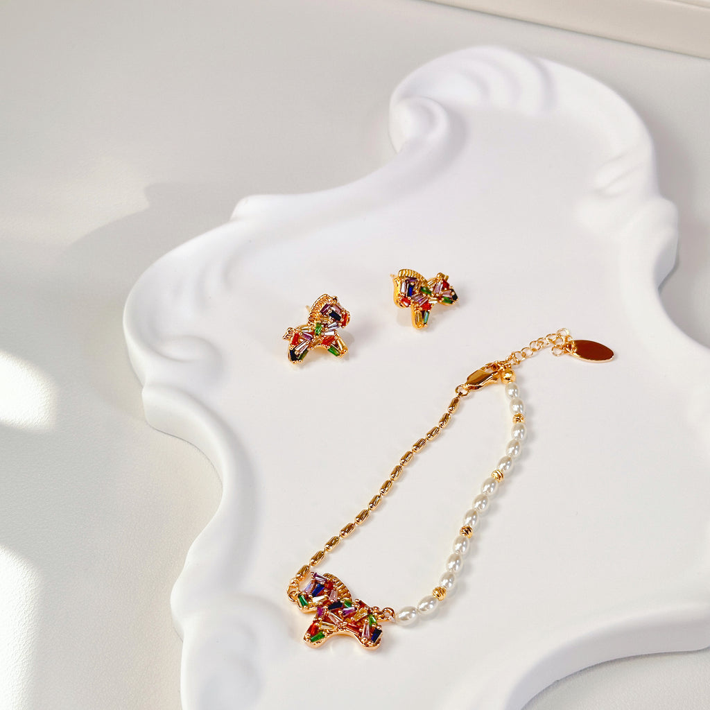 The Rainbow Pony Duo | Matching Charm Bracelet & Stud Earrings Set
