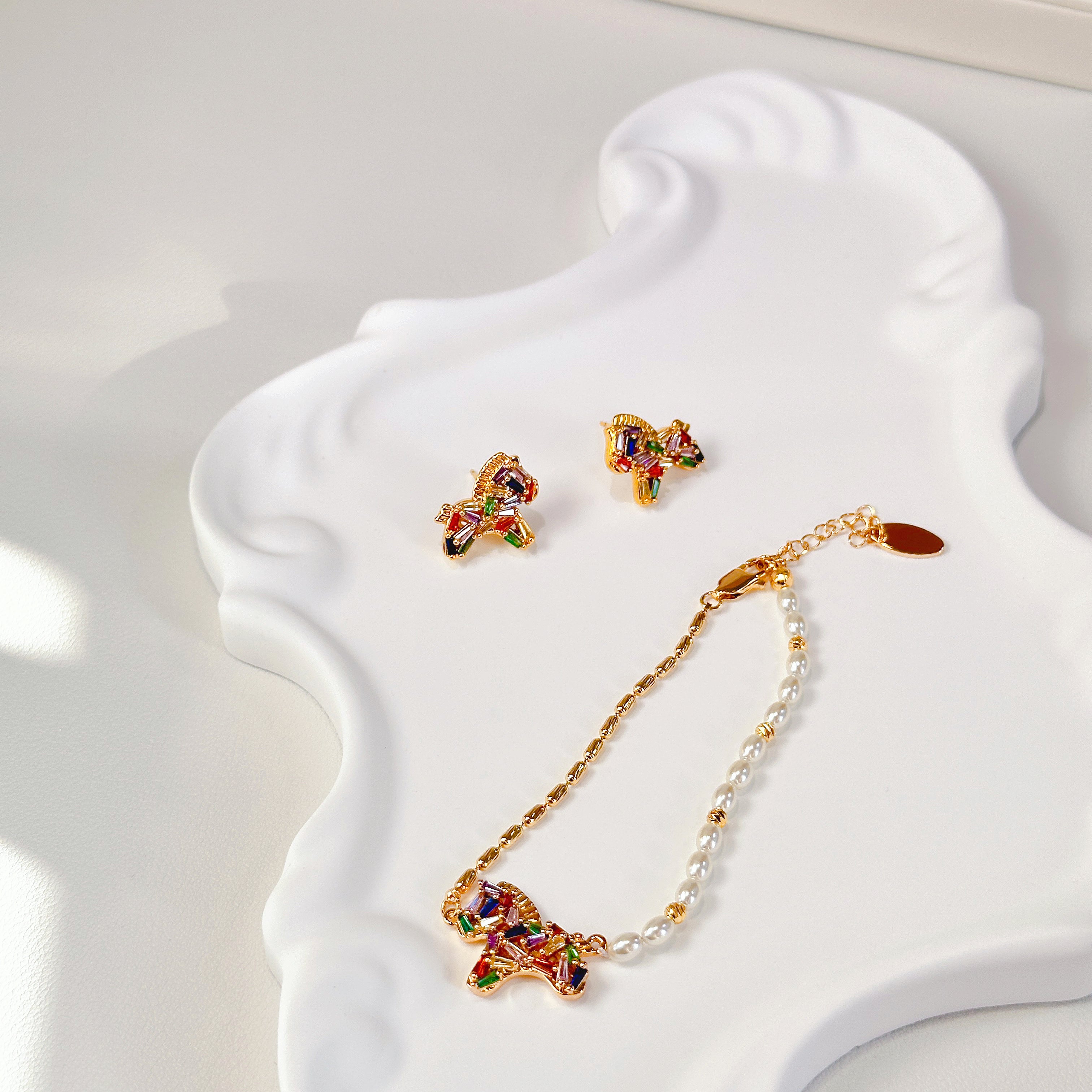 The Rainbow Pony Duo | Matching Charm Bracelet & Stud Earrings Set