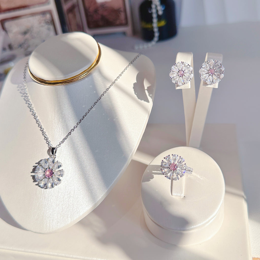 Titanium Steel Sunflower Jewelry Set - Necklace, Stud Earrings & Ring with Zircon | Minimalist Floral Trio - Pale Luna Jewelry