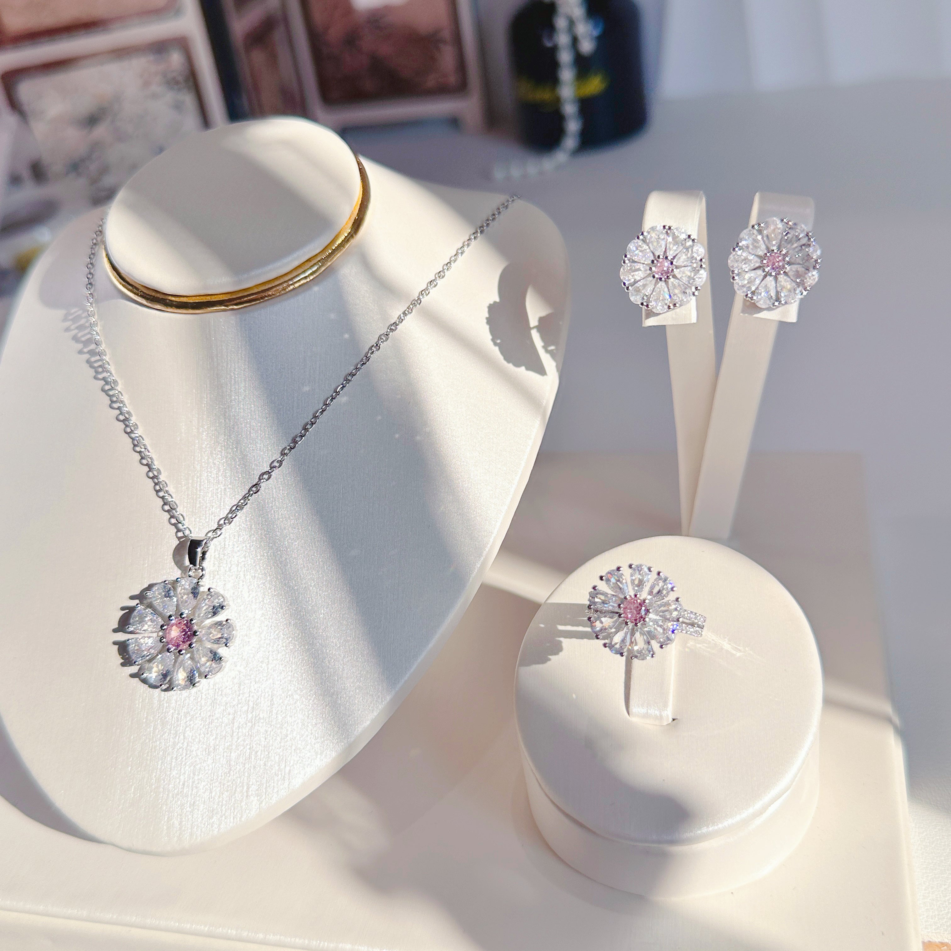 Titanium Steel Sunflower Jewelry Set - Necklace, Stud Earrings & Ring with Zircon | Minimalist Floral Trio - Pale Luna Jewelry