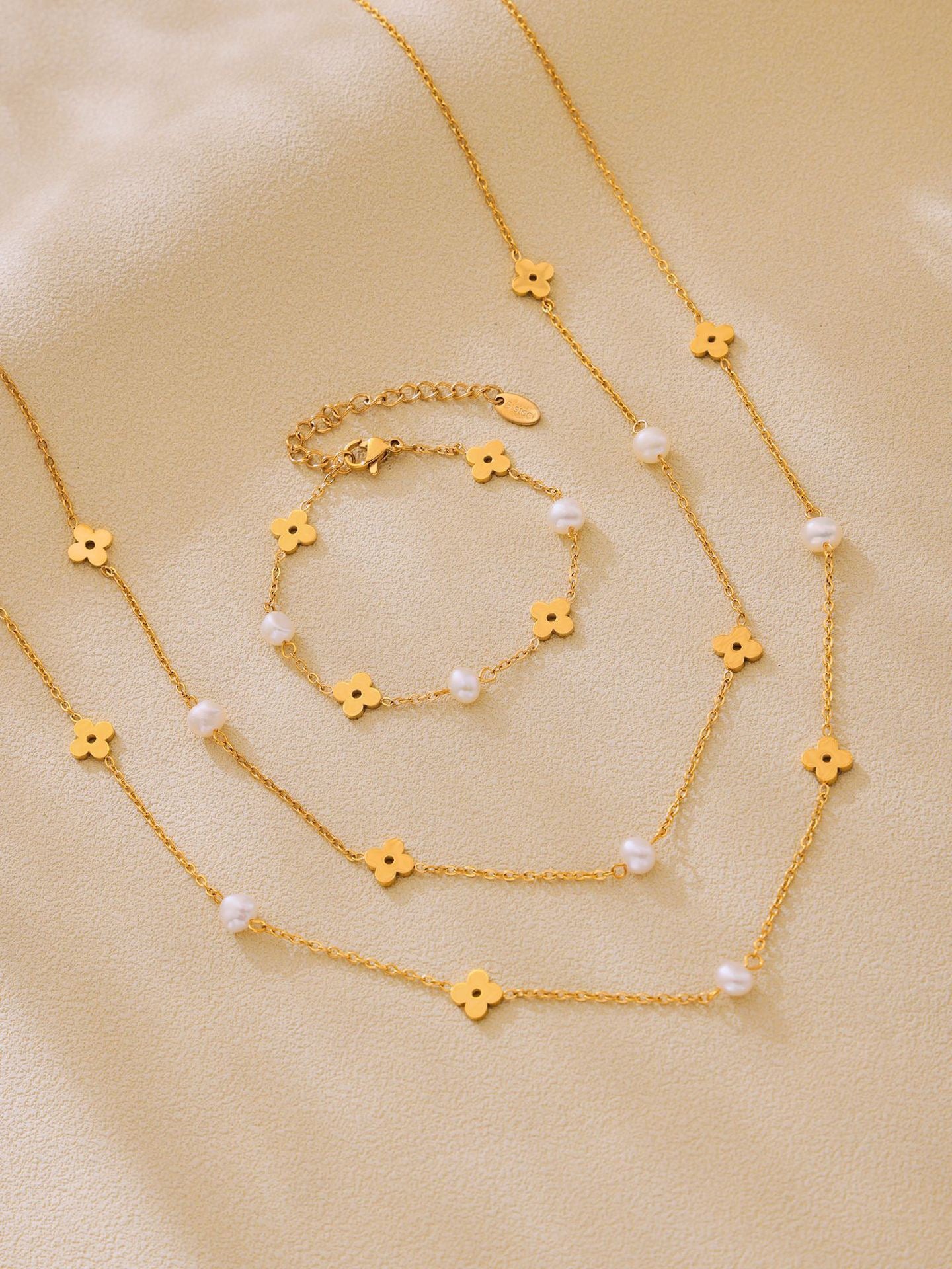 The Pearl Chain Blossom Set - Freshwater Pearl & Floral Link Necklace & Bracelet