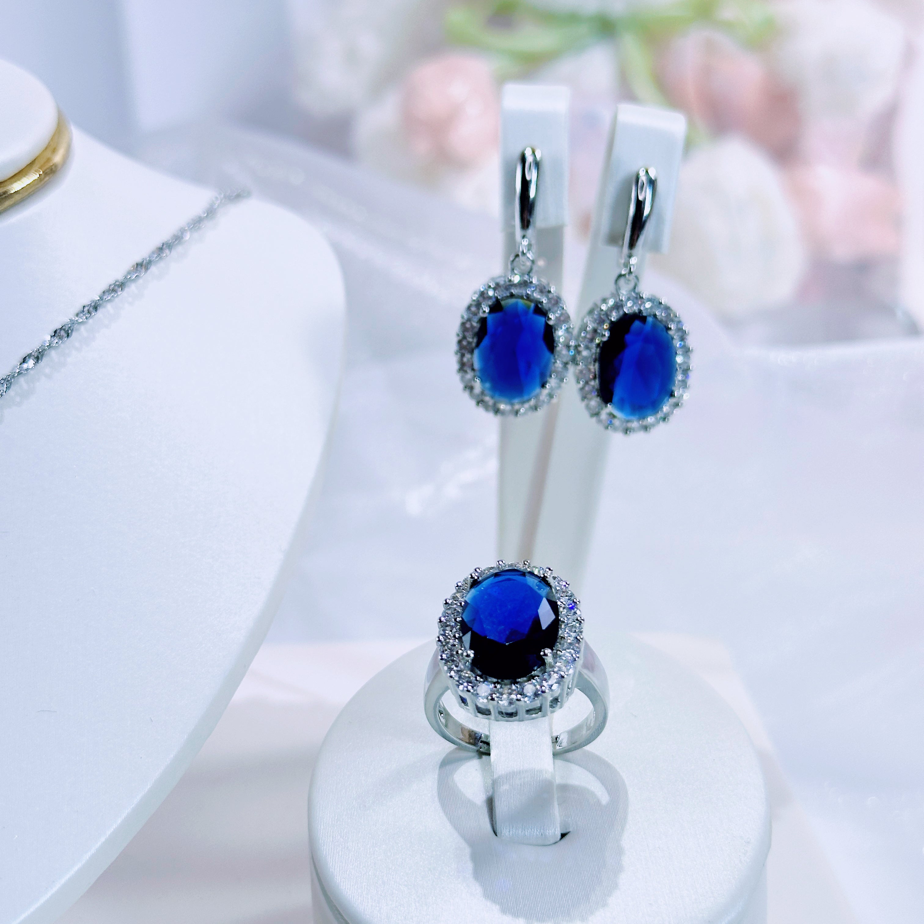 “Azure Constellation” 3-Piece Jewelry Set – Blue Gemstone Necklace, Earrings & Ring with Diamond Halo | Gold/Silver Tone