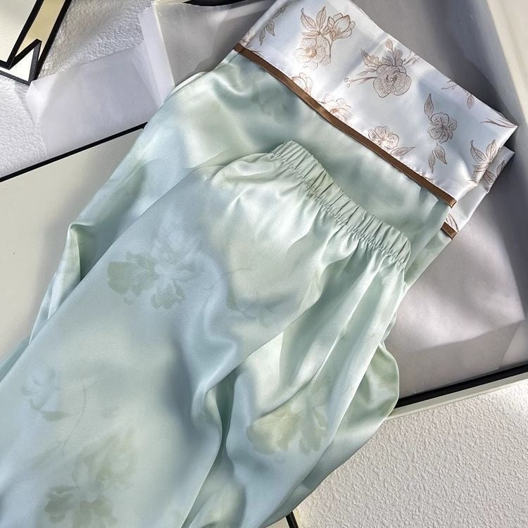 Summer Breeze Cooling Silk-Feel Pajama Set – 3/4 Sleeve Loungewear with Modern Oriental Floral, Plus Size up to 220 lbs