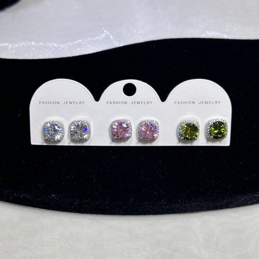 3-Piece Geometric Stud Earrings Set - Rhombus Shape in 3 Colors - Gold/Silver Plated
