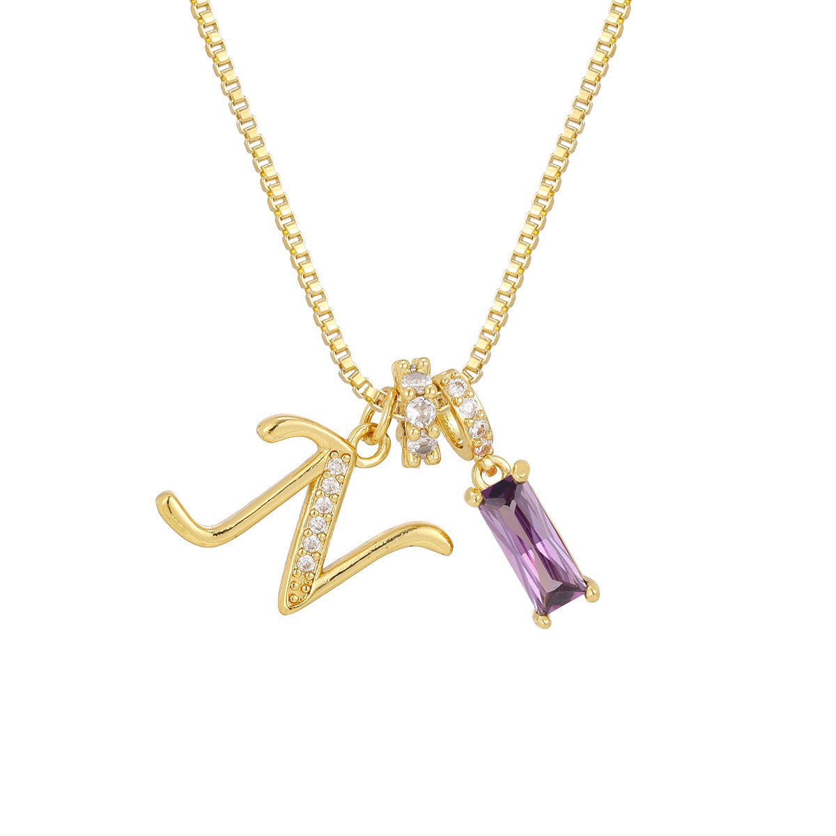 Gold Letter Necklace with Purple CZ - Rectangular Bar Pendant with Custom Initial | Personalized Jewelry