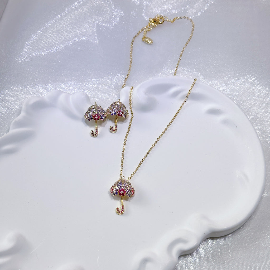 Umbrella Charm Jewelry Set - Necklace & Earrings - Rainbow Crystal & Rhinestone