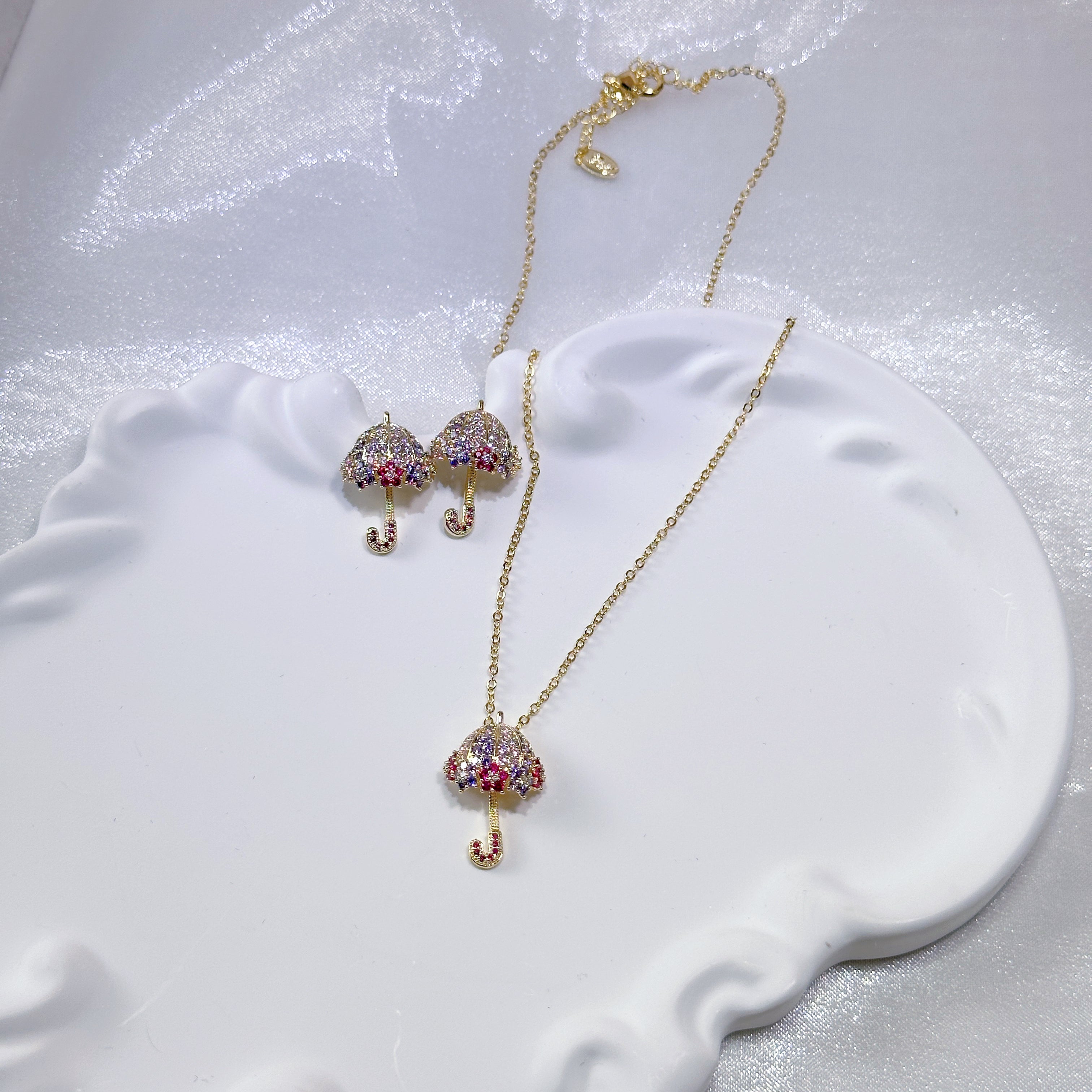 Umbrella Charm Jewelry Set - Necklace & Earrings - Rainbow Crystal & Rhinestone